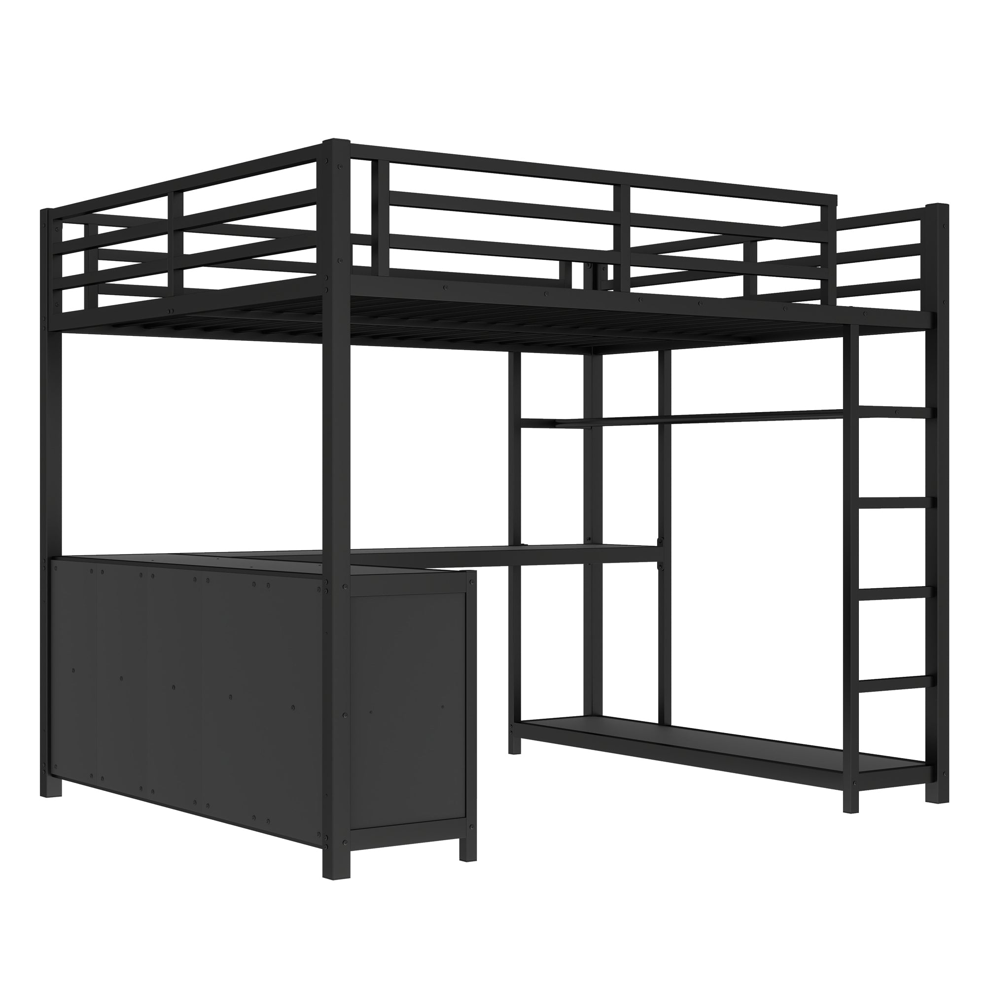 Rilven black loft bed showing a side view with ladder clothes rack and cubby storage