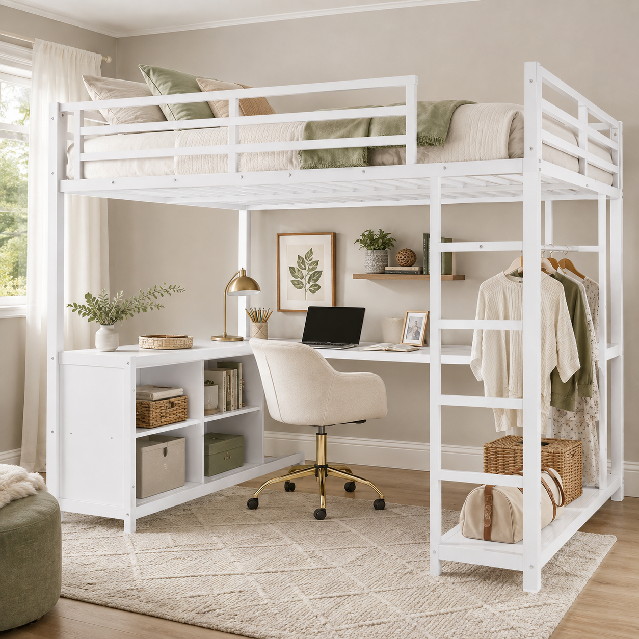 Rilven white loft bed showing a corner desk cubby storage and open clothes rack in a bright bedroom