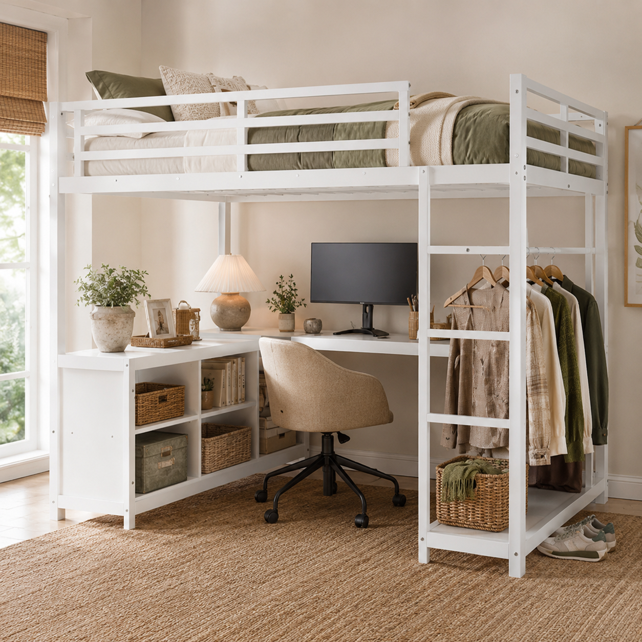 Rilven white loft bed showing an organized workspace with corner desk shelving and clothes rack
