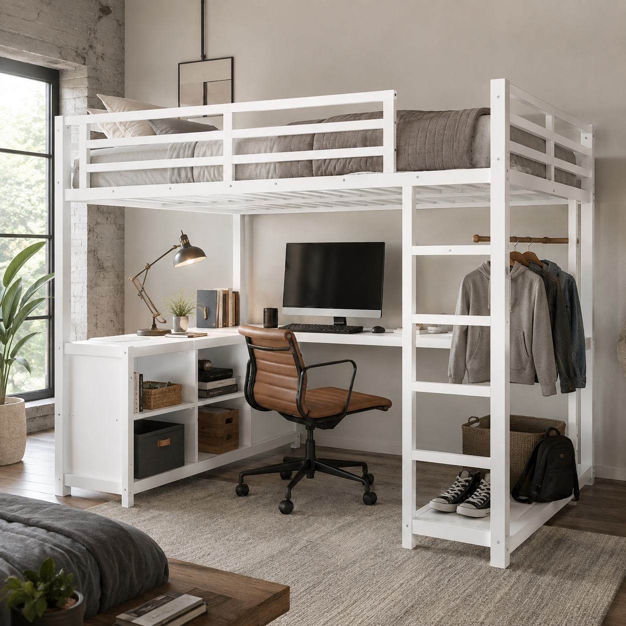 Rilven white loft bed showing a queen loft setup with desk cubbies and open hanging storage