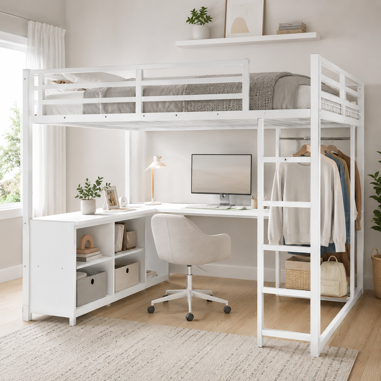 Rilven white loft bed showing a bright bedroom workspace with corner desk and open storage