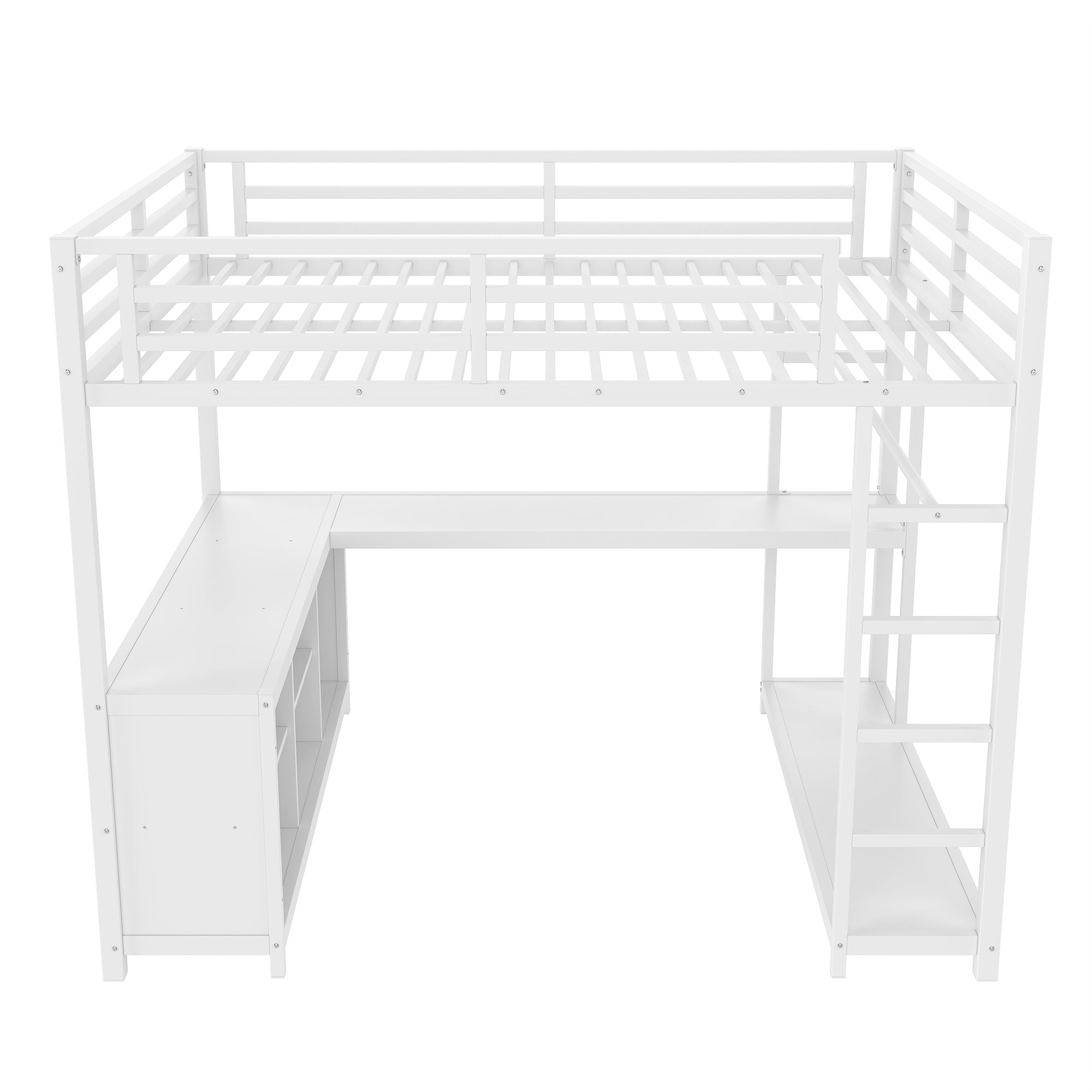 Rilven white loft bed showing the front view with corner desk cubby storage and clothes rack