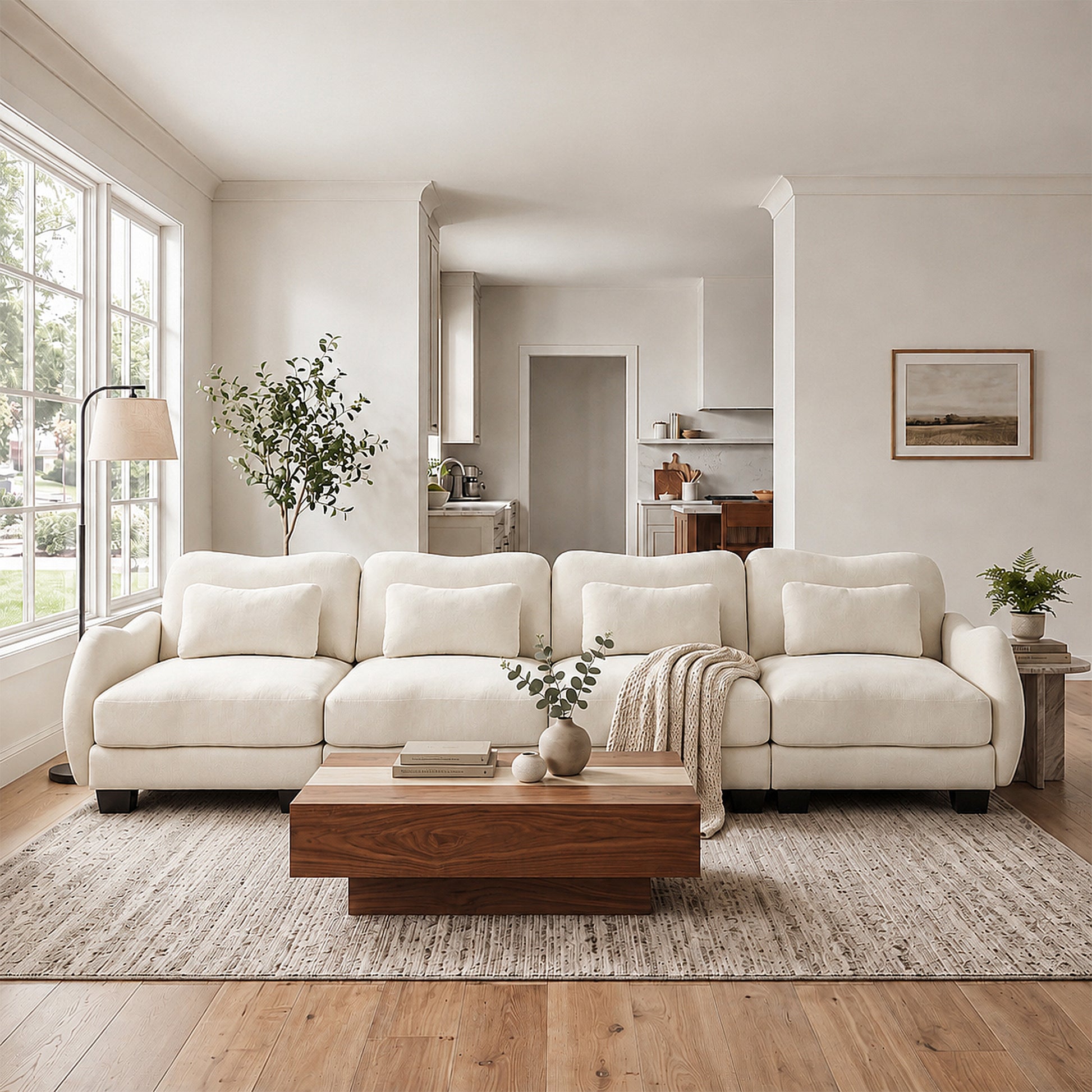 Rosedale beige modular sofa shown in a bright living room with a wood coffee table and large windows