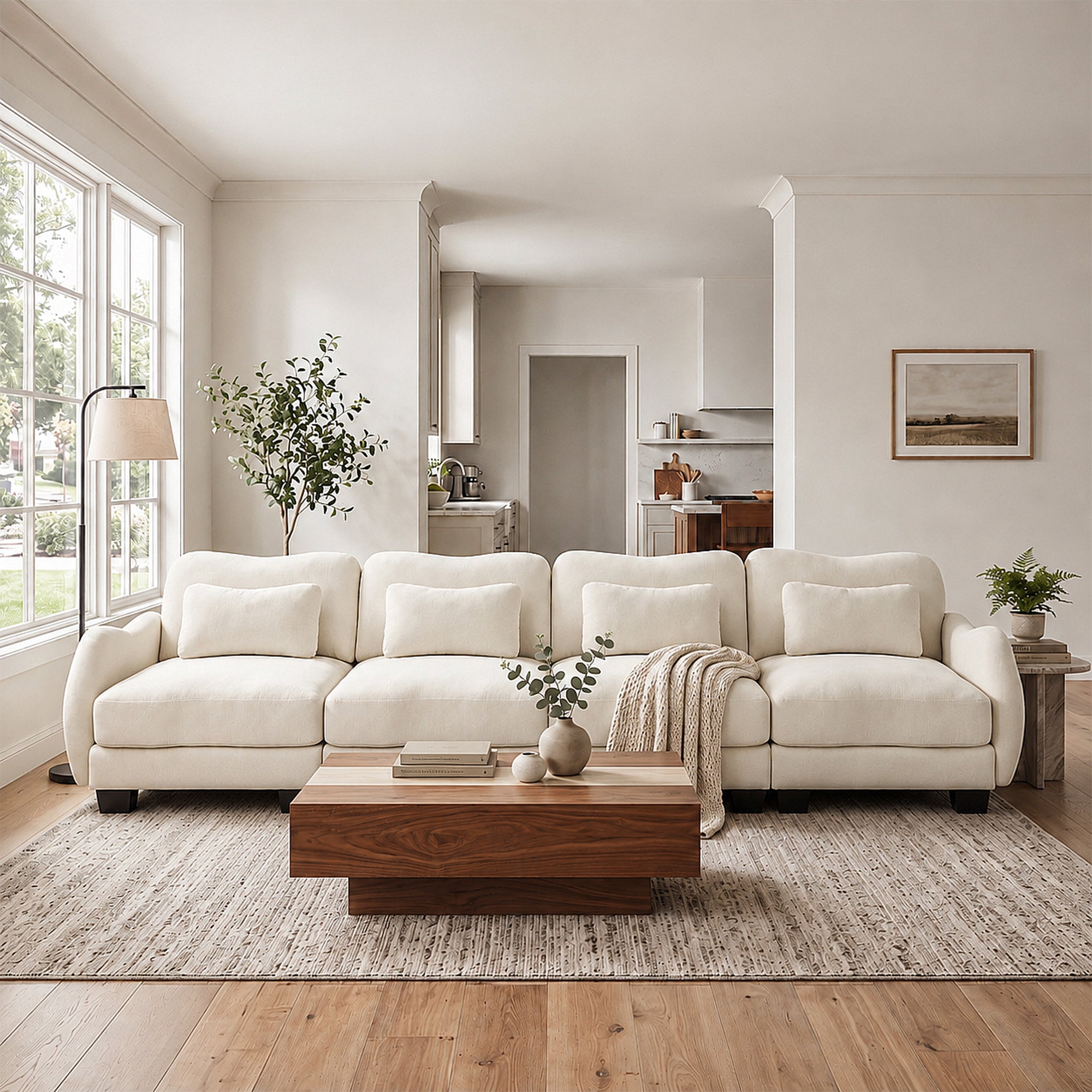 Rosedale beige modular sofa shown in a bright living room with a wood coffee table and large windows