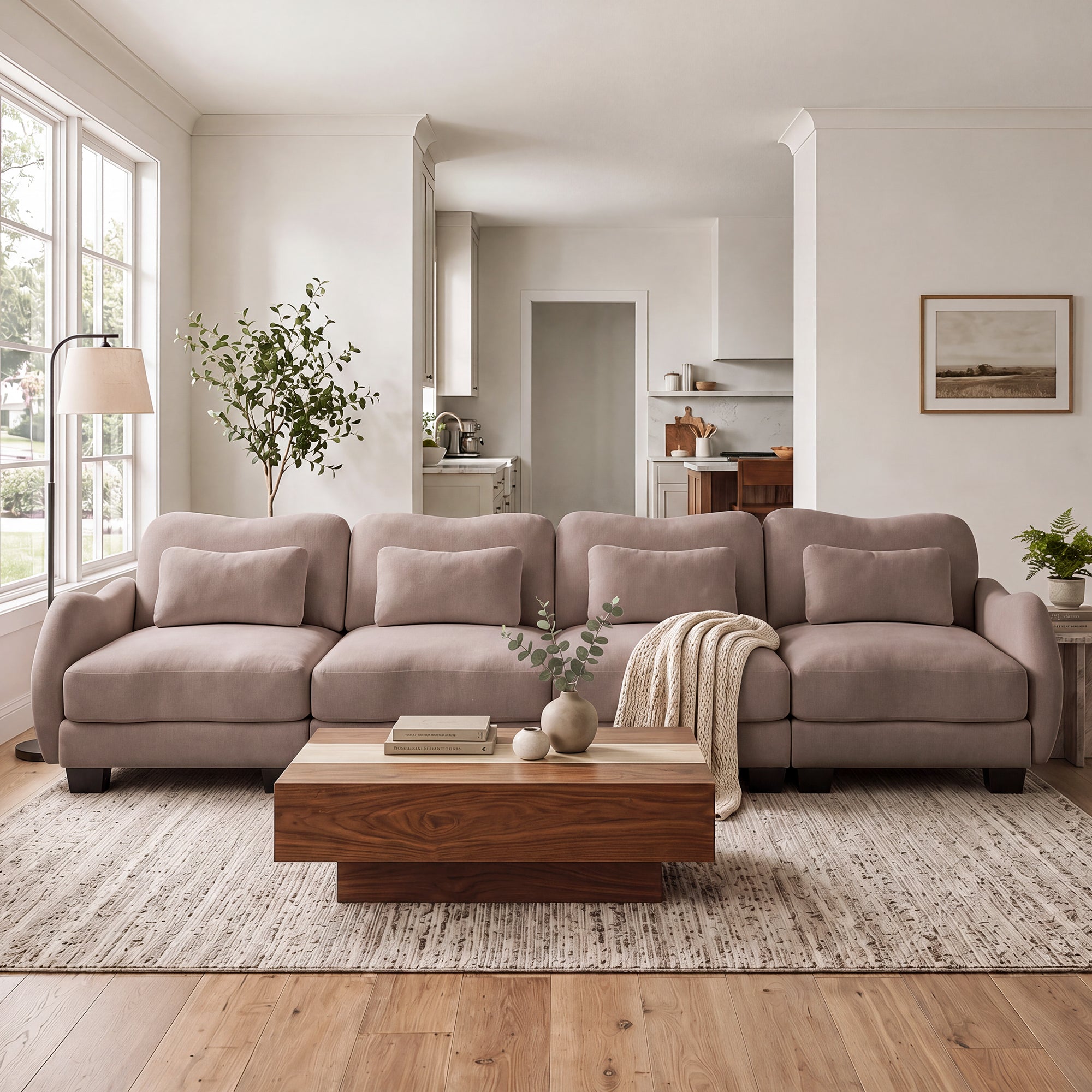 Rosedale brown gray modular sofa shown in a bright living room with a wood coffee table and large windows
