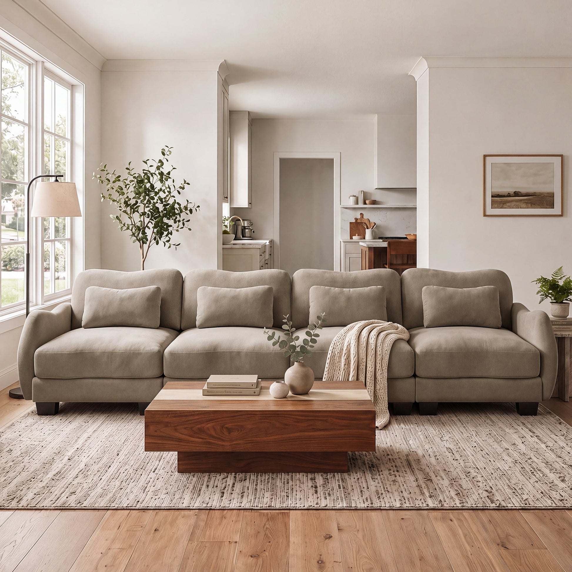 Rosedale brown modular sofa shown in a bright living room with a wood coffee table and large windows