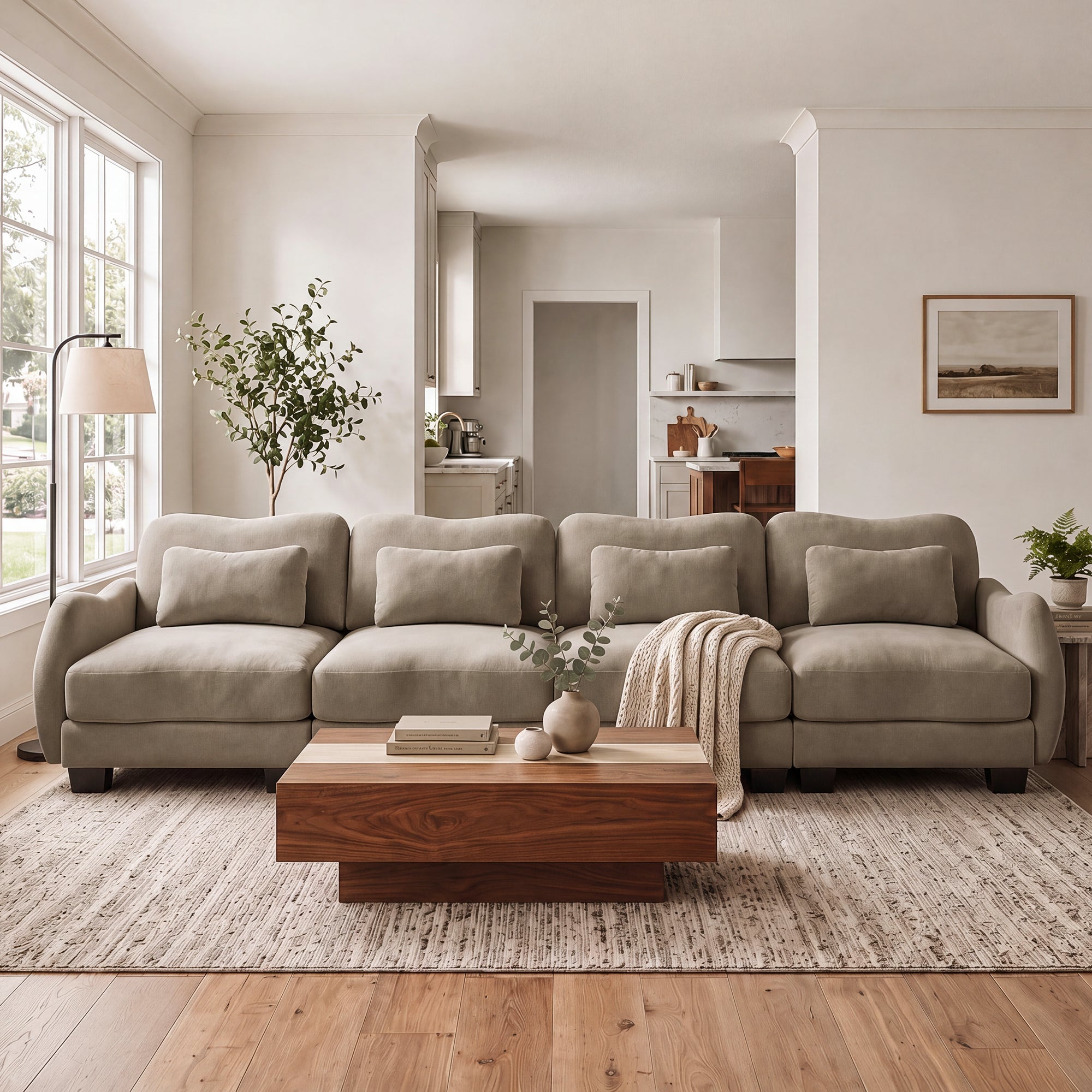 Rosedale brown modular sofa shown in a bright living room with a wood coffee table and large windows