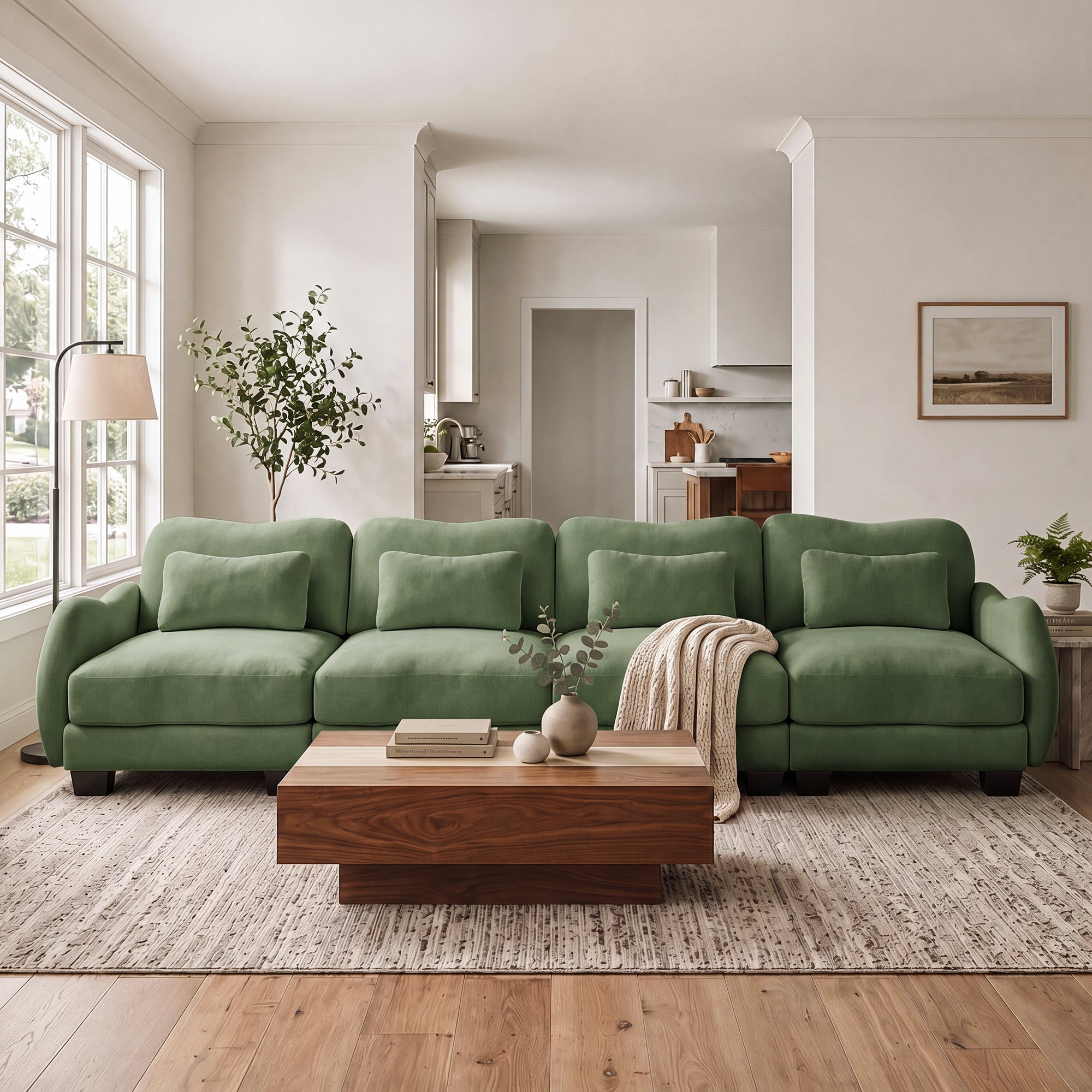 Rosedale green modular sofa shown in a bright living room with a wood coffee table and large windows