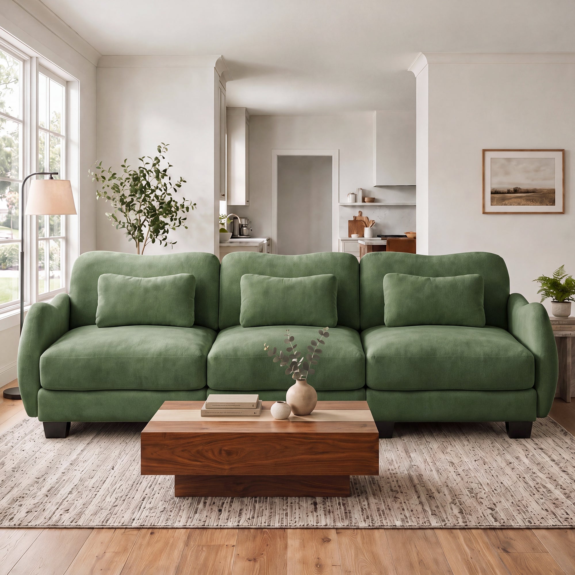 Rosedale green modular sofa showing angled front view in a living room