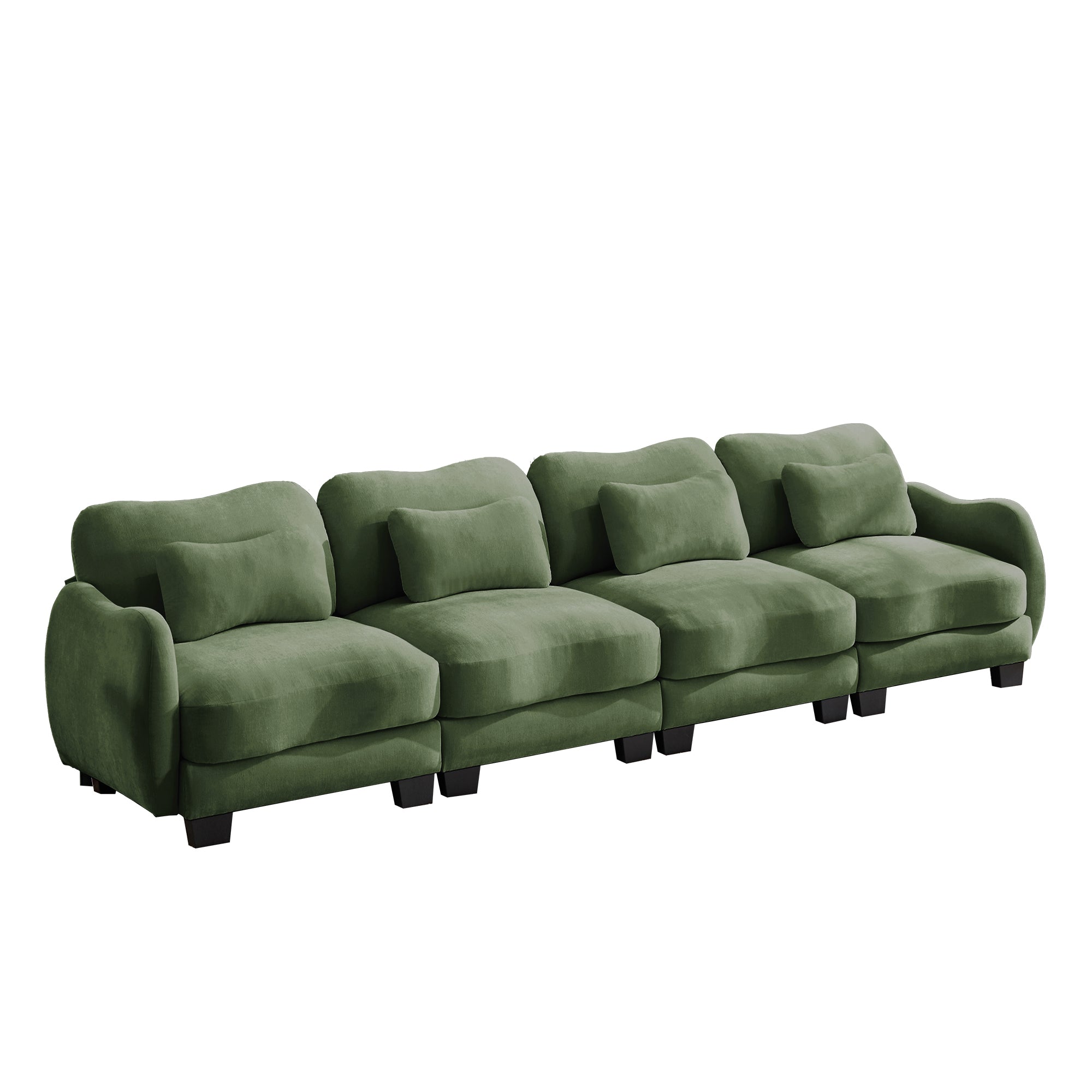 Rosedale green modular sofa showing a right angled view with four waist pillows on white background