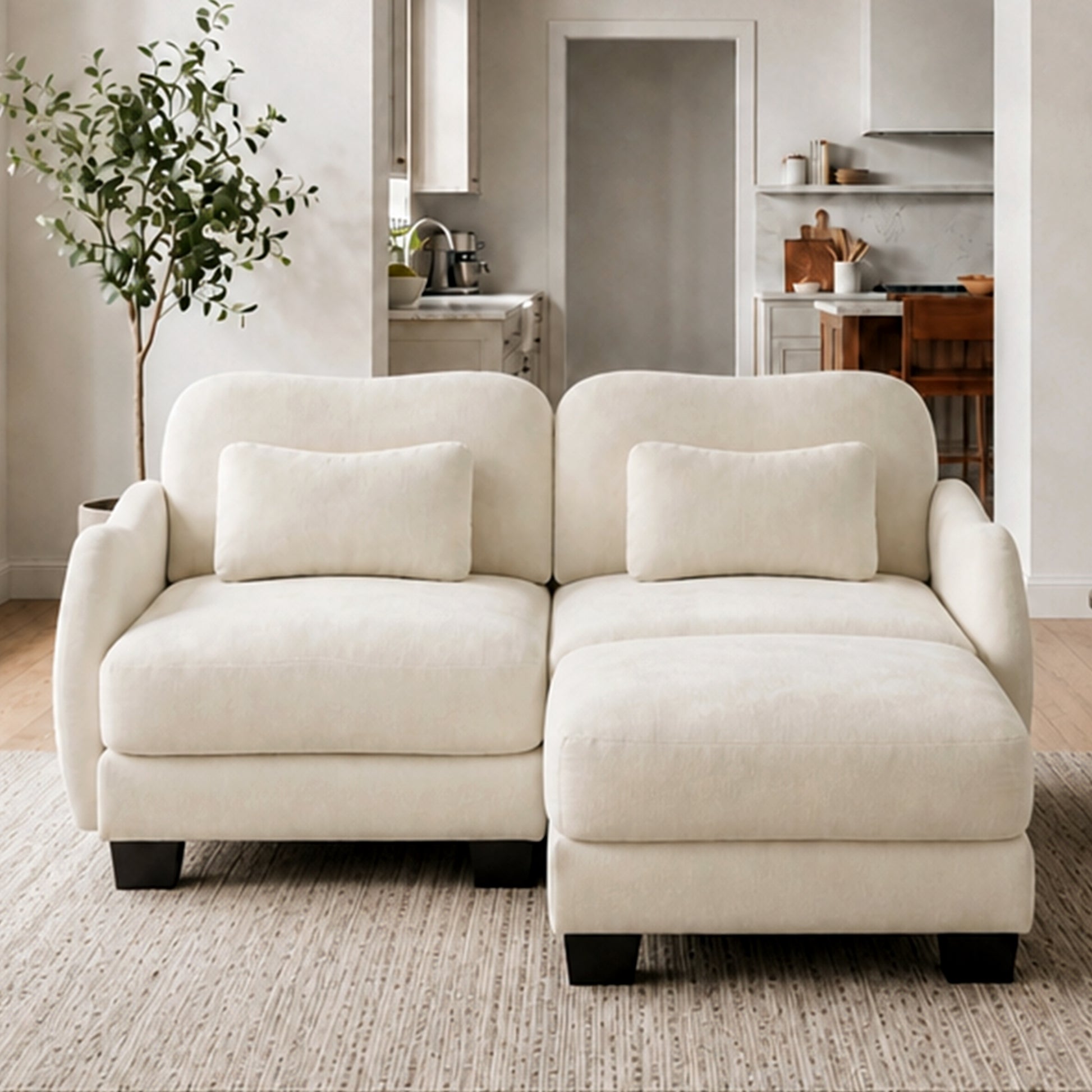 Rosedale beige sectional sofa showing an L-shaped modular layout with ottoman in a bright living room