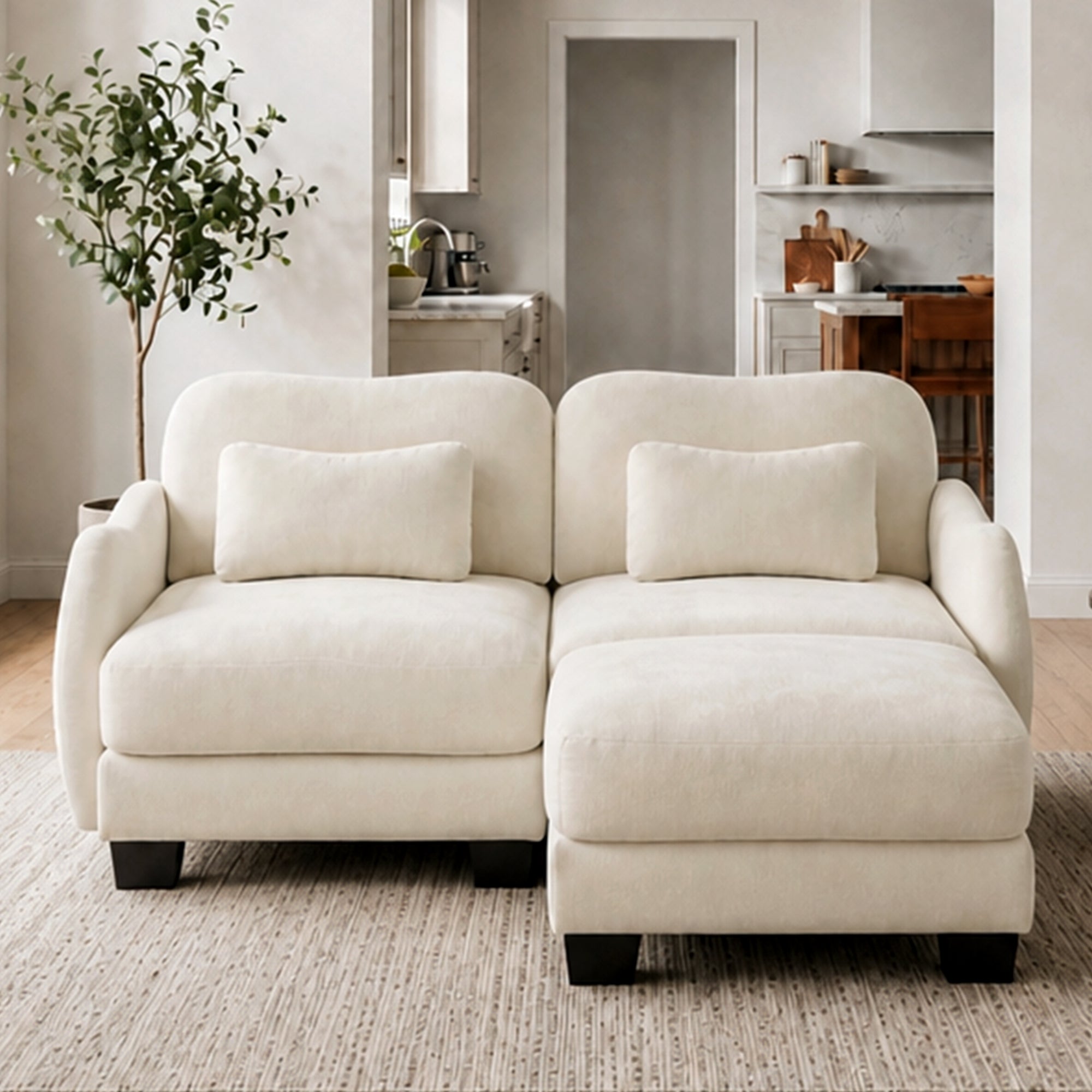 Rosedale beige sectional sofa showing an L-shaped modular layout with ottoman in a bright living room