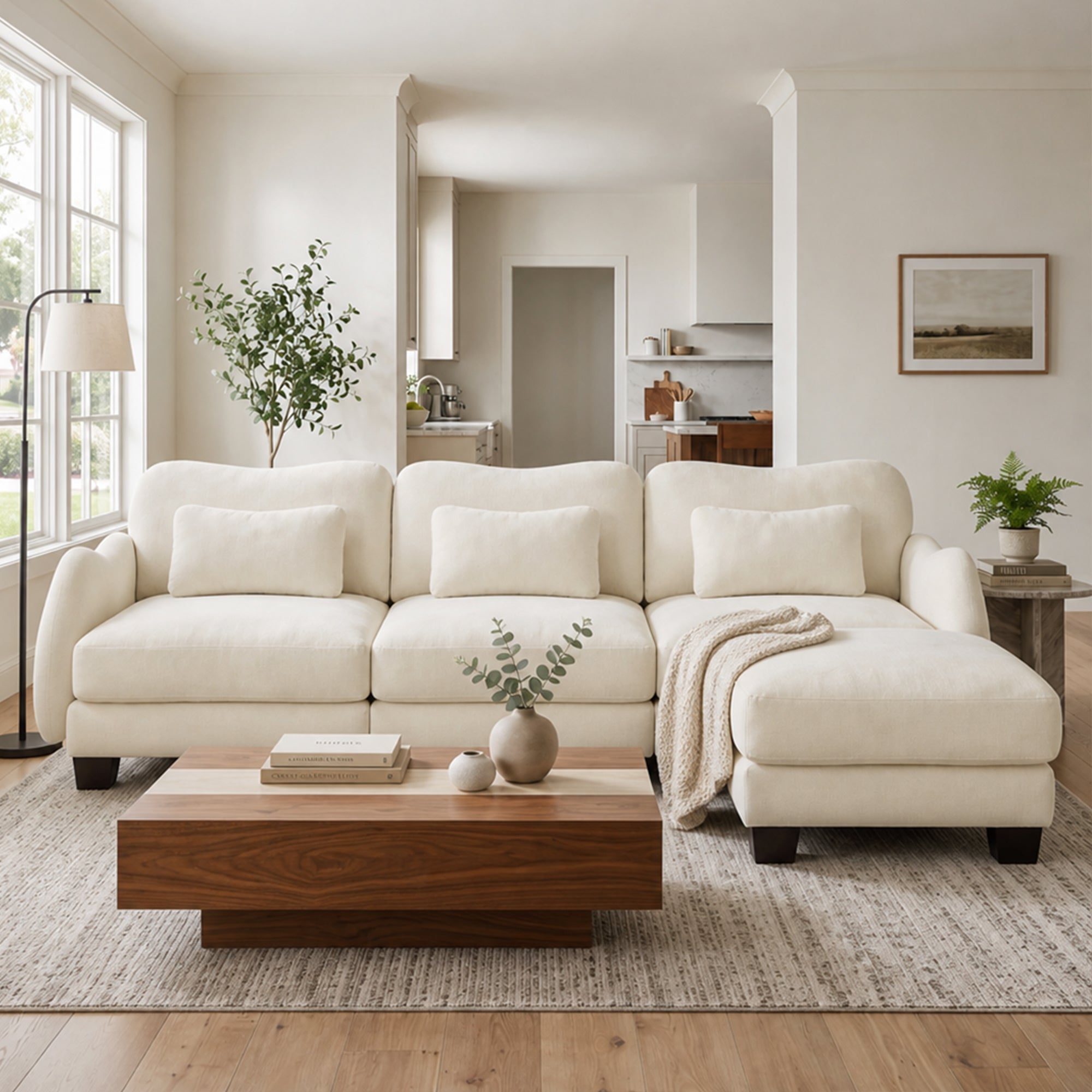 Rosedale beige sectional sofa showing an L-shaped modular layout with ottoman in a bright living room
