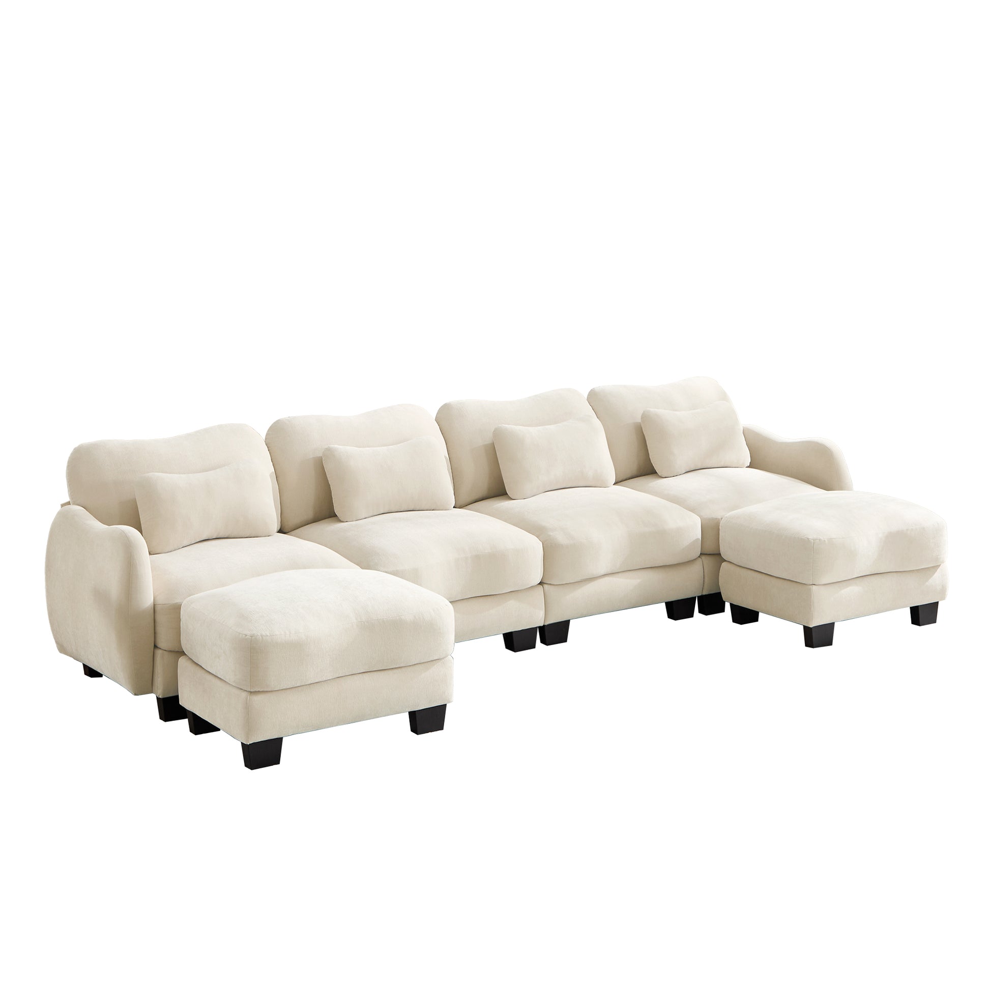 Rosedale beige sectional sofa showing a left-facing U-shaped modular arrangement with two ottomans on white background