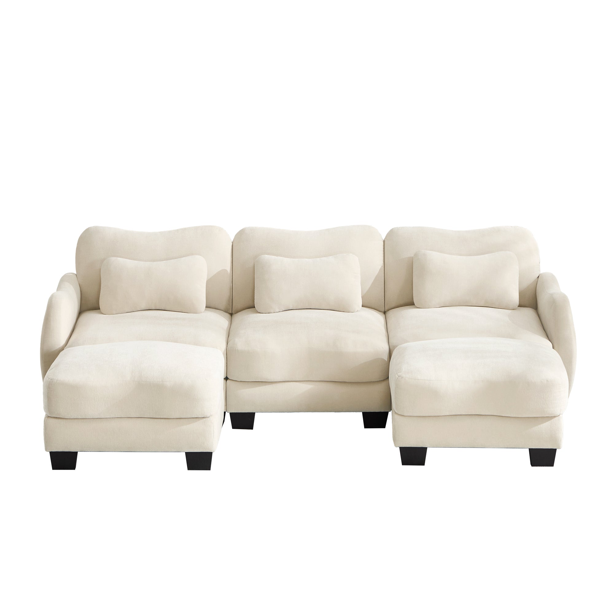 Rosedale beige sectional sofa showing the front view with two ottomans on white background