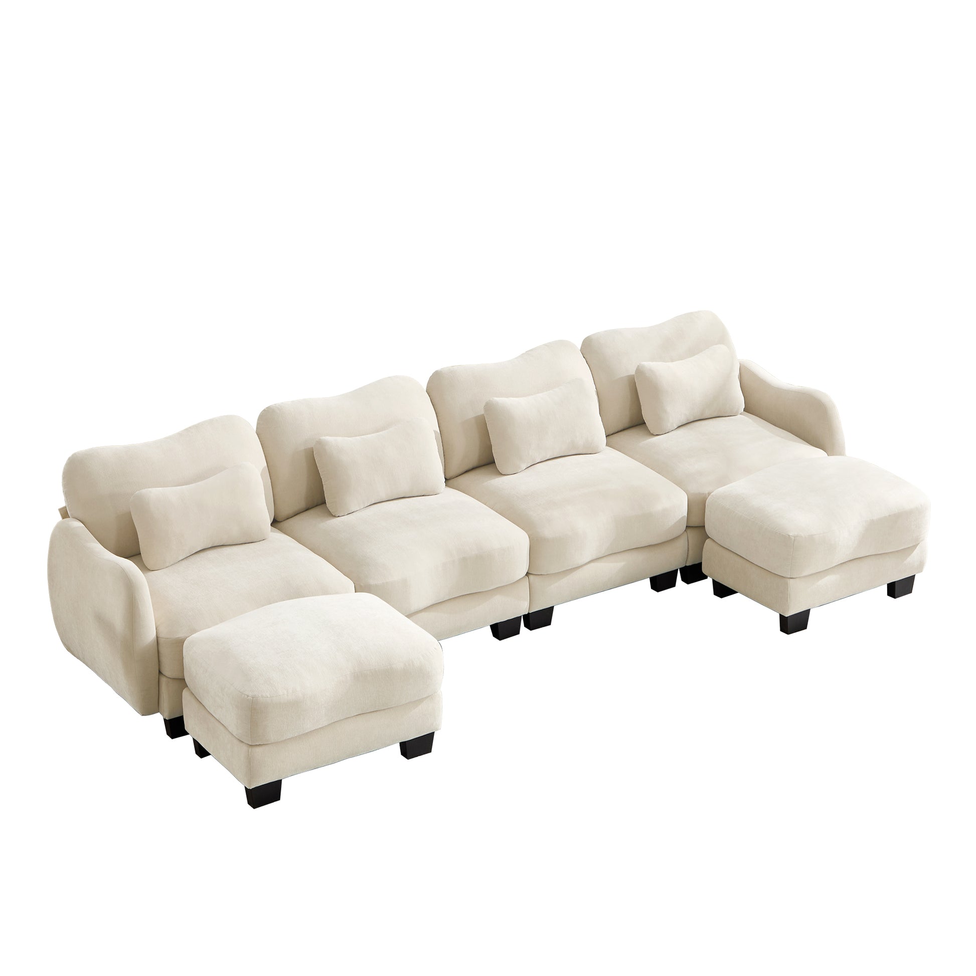 Rosedale beige sectional sofa showing a right-facing U-shaped modular arrangement with two ottomans on white background