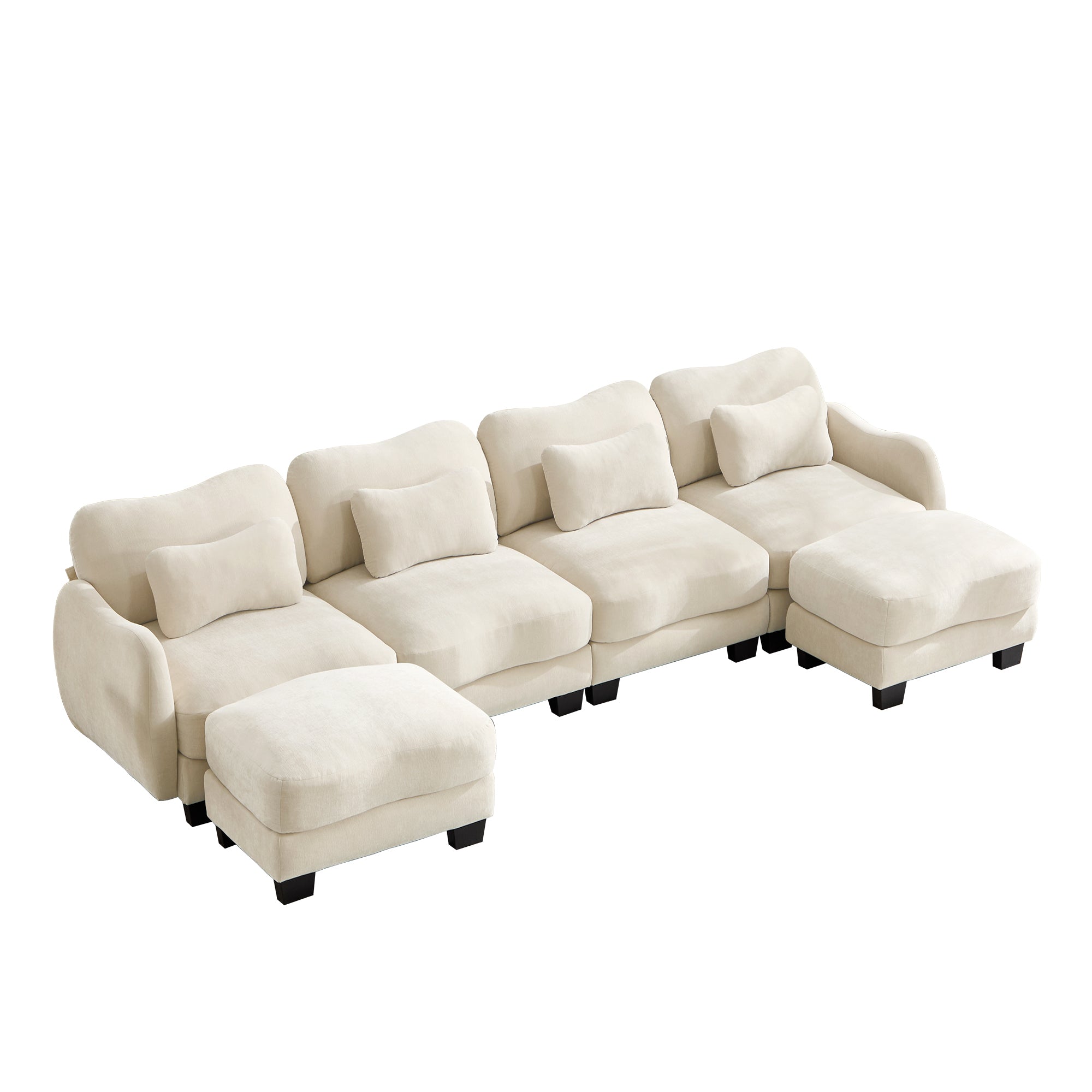 Rosedale beige sectional sofa showing a right-facing U-shaped modular arrangement with two ottomans on white background