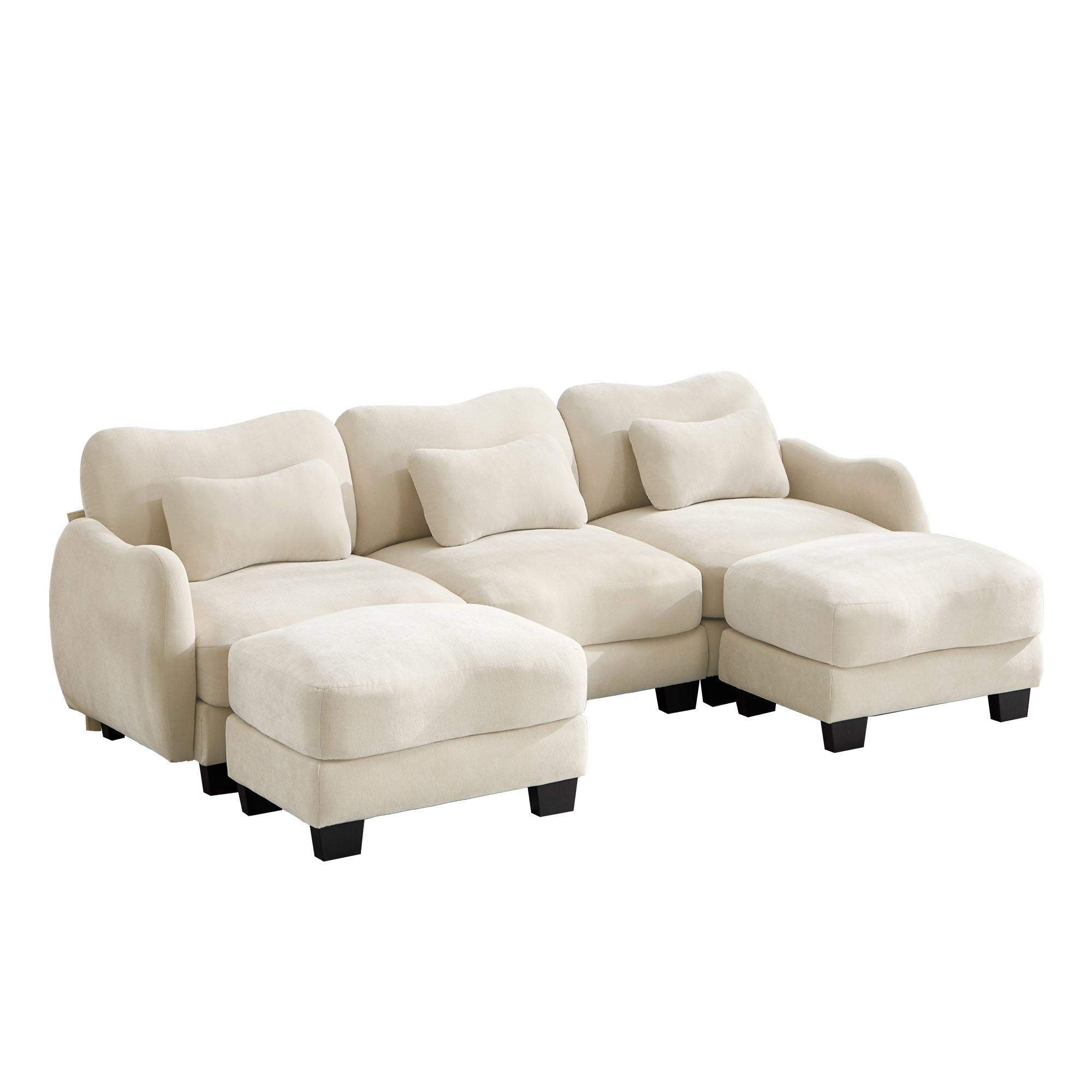 Rosedale beige sectional sofa showing a left angled U-shaped layout with two ottomans on white background