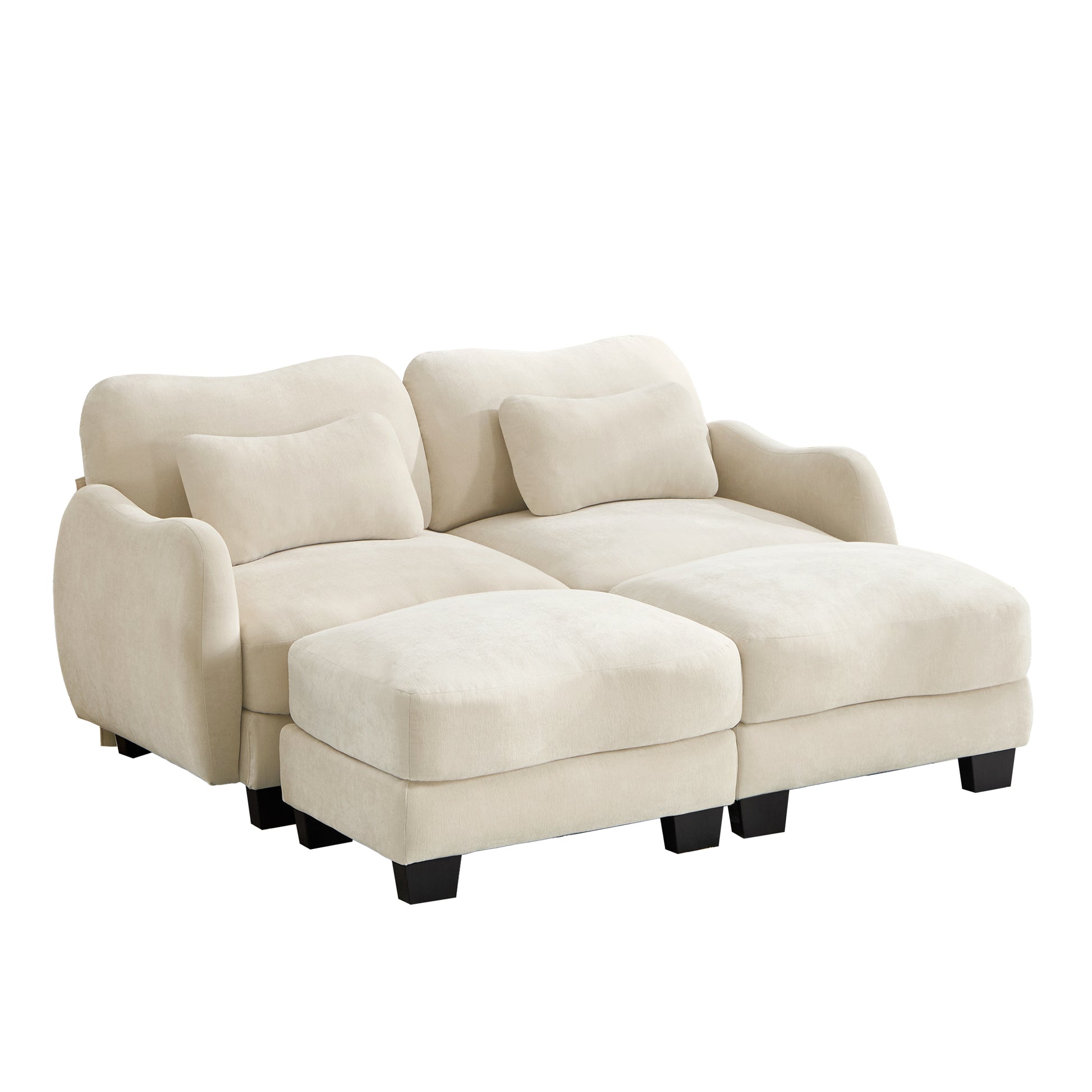 Rosedale beige sectional sofa showing a right-facing modular arrangement with two ottomans on white background
