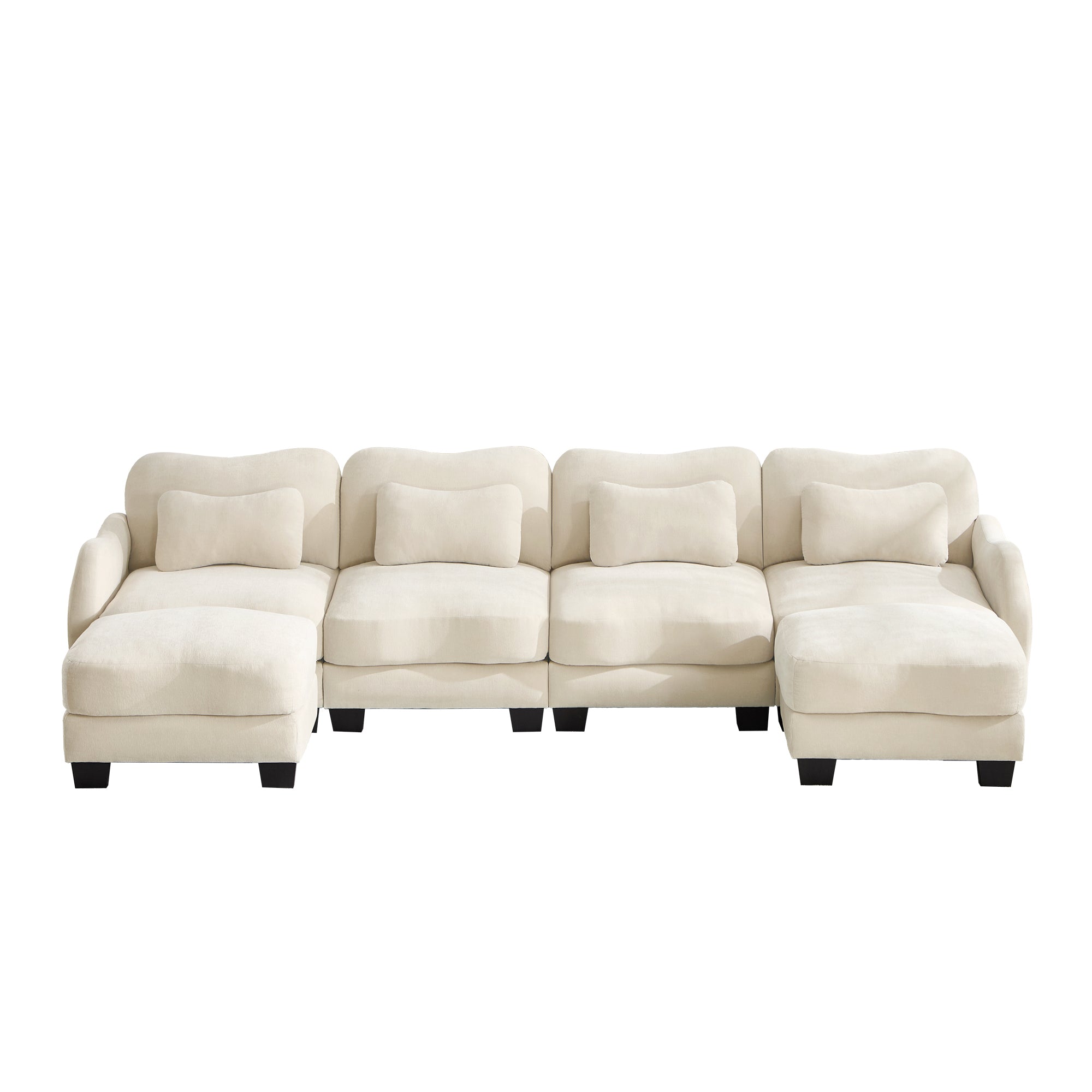Rosedale beige sectional sofa showing a front view of the U-shaped modular layout with two ottomans on white background