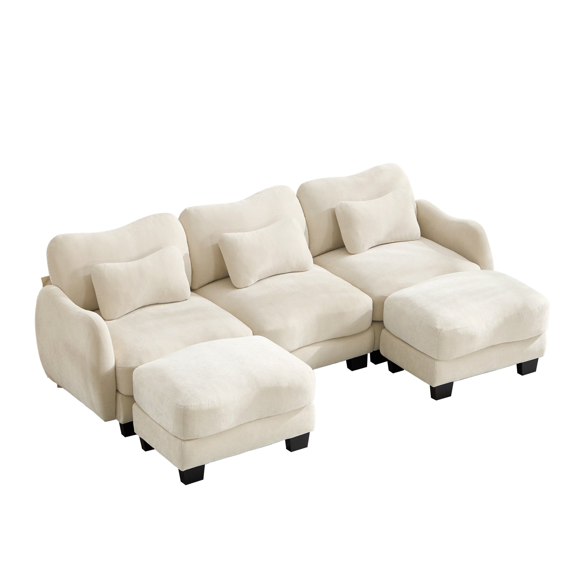 Rosedale beige sectional sofa showing a right angled U-shaped layout with two ottomans on white background