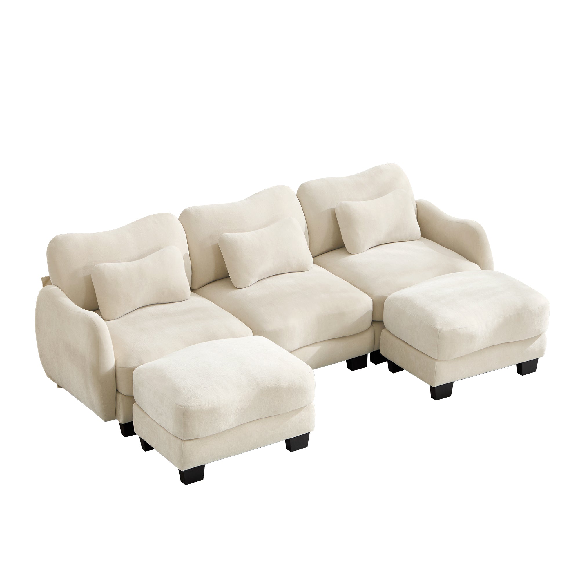 Rosedale beige sectional sofa showing a right angled U-shaped layout with two ottomans on white background
