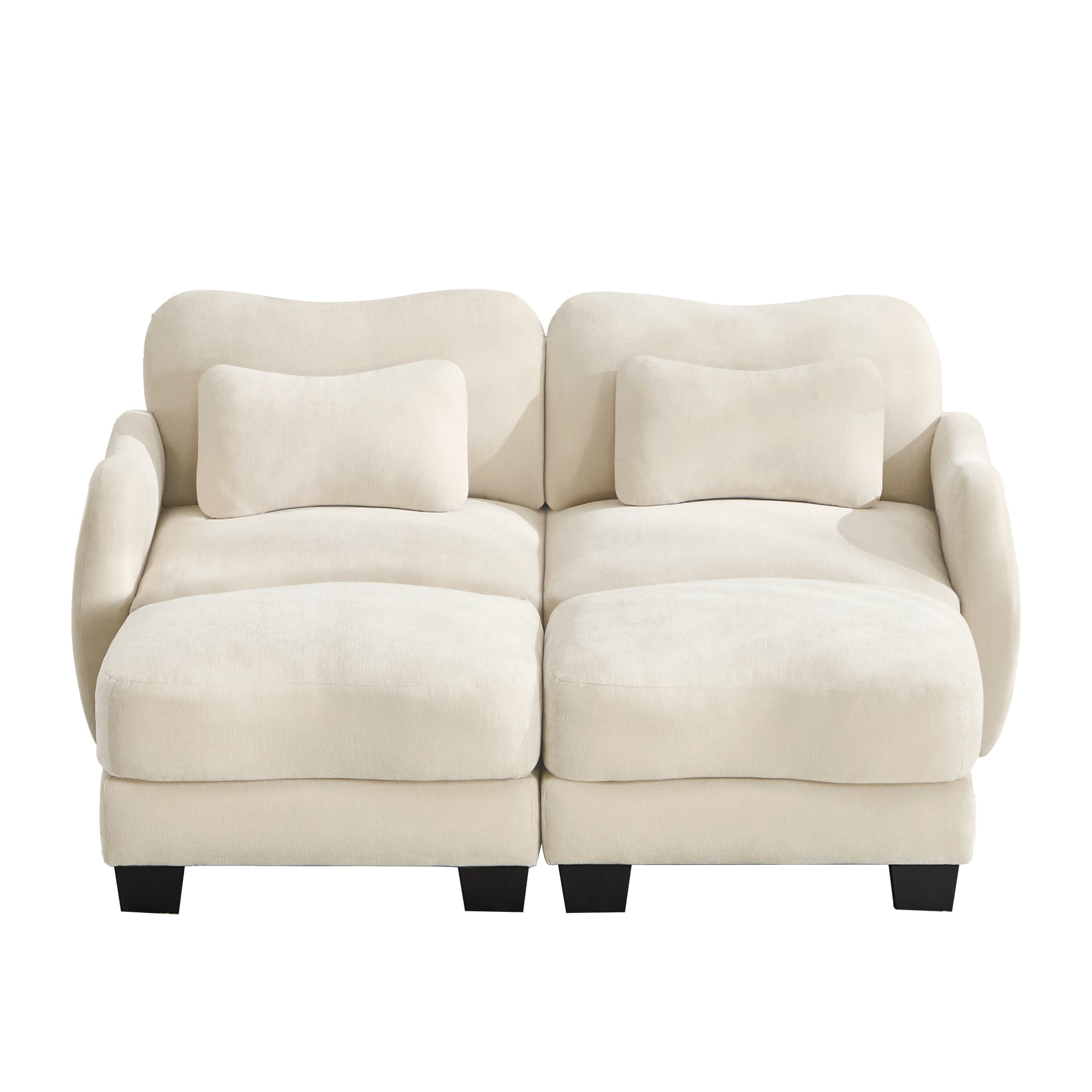 Rosedale beige sectional sofa showing a front view of the four-piece modular sofa with two ottomans on white background