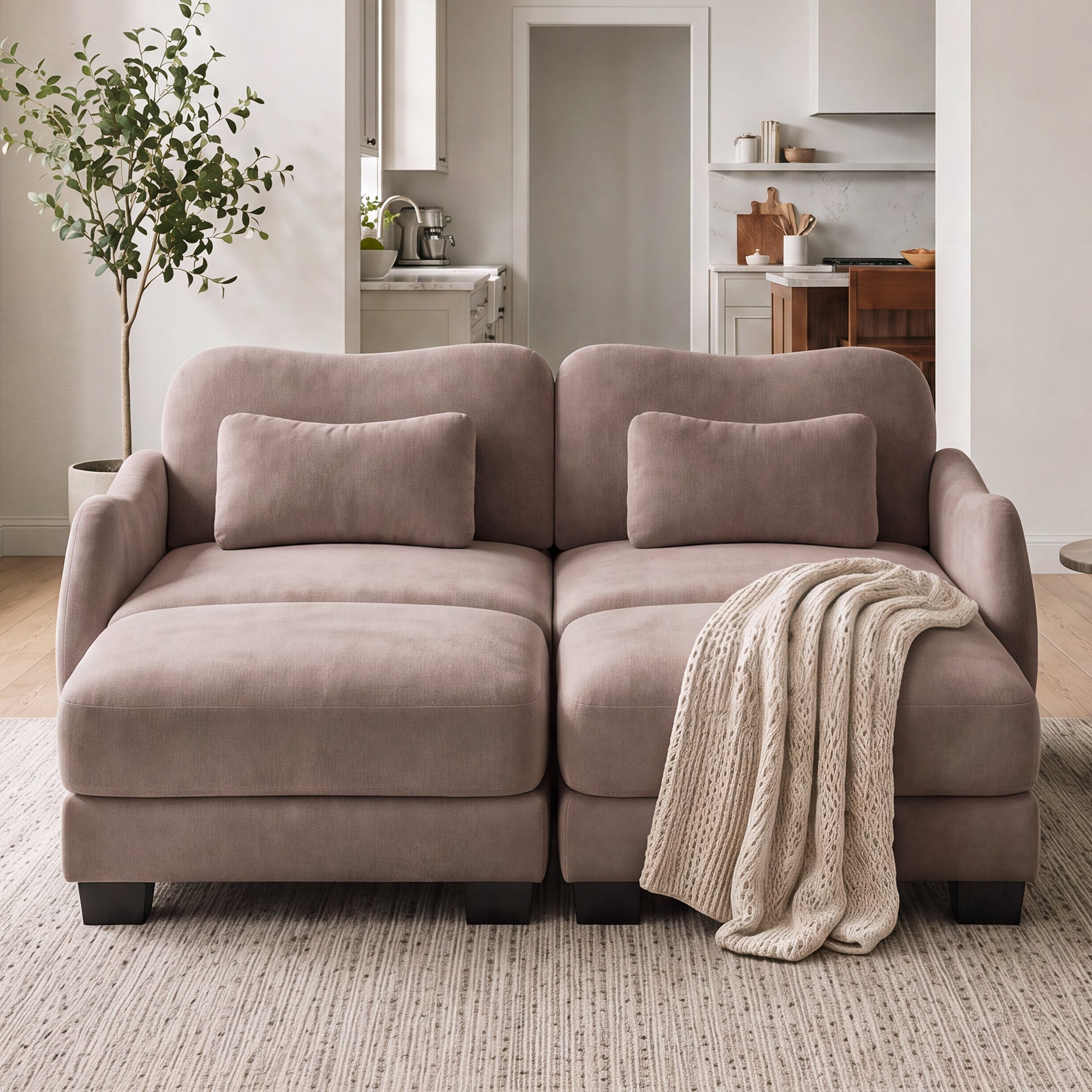 Rosedale brown gray sectional sofa showing a four-piece modular layout with two ottomans in a bright living room
