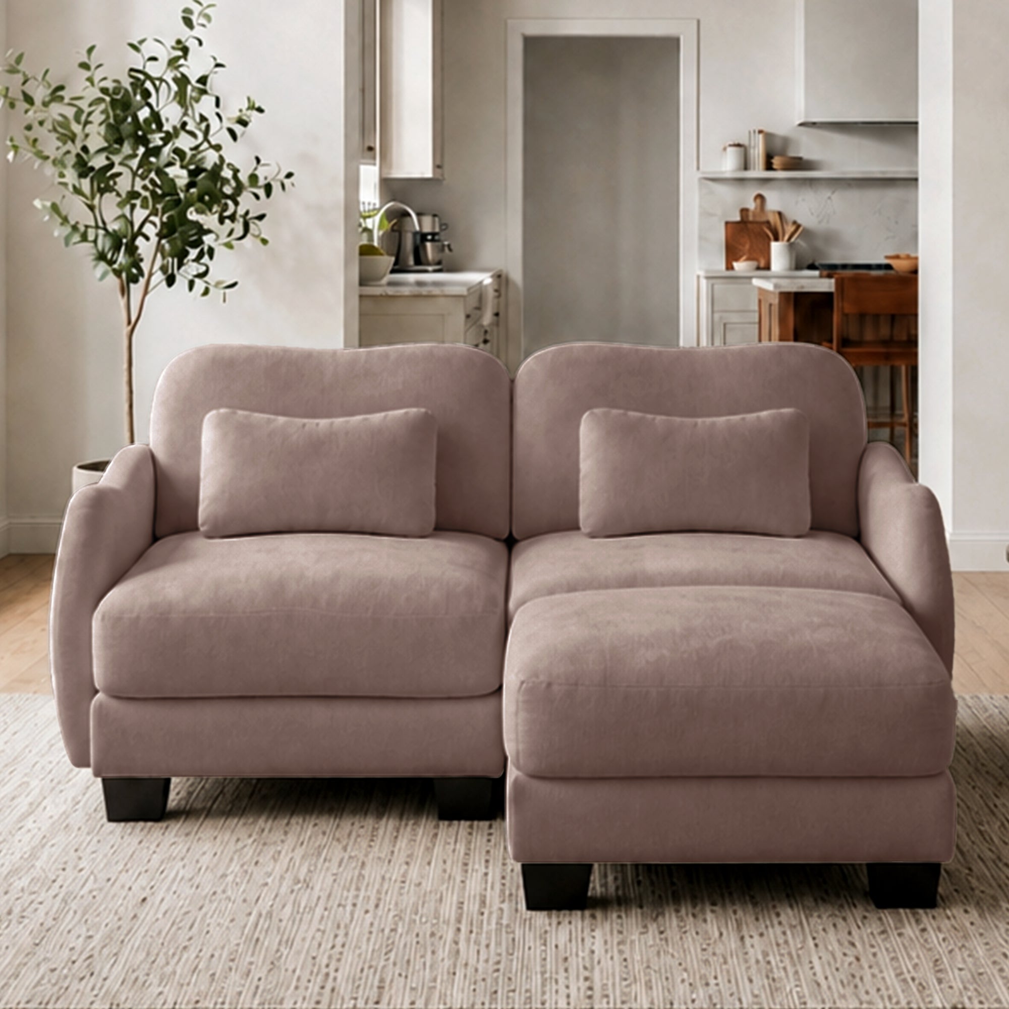 Rosedale brown gray sectional sofa showing an L-shaped modular layout with ottoman in a bright living room