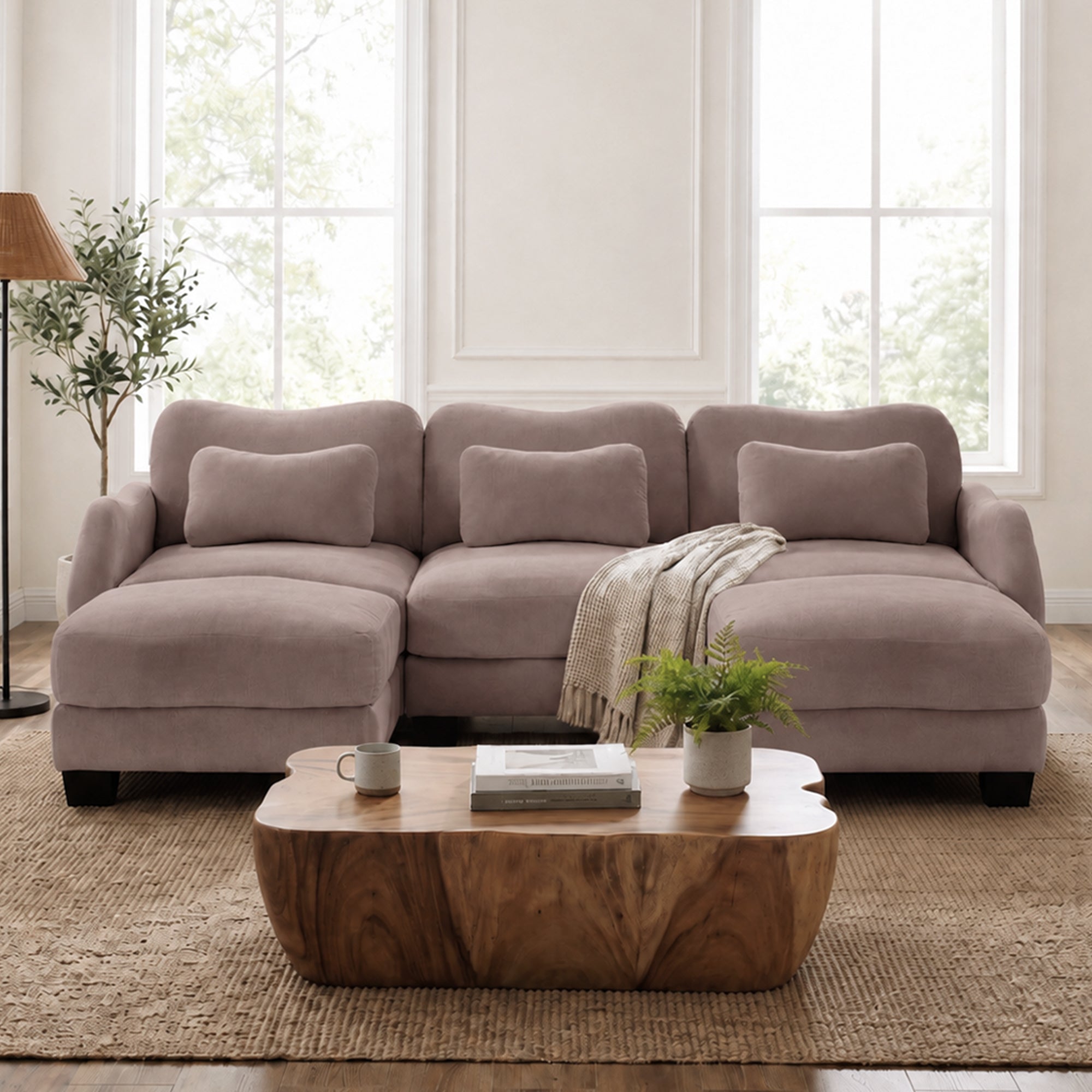 Rosedale brown gray sectional sofa showing a U-shaped modular layout with two ottomans and a wood coffee table