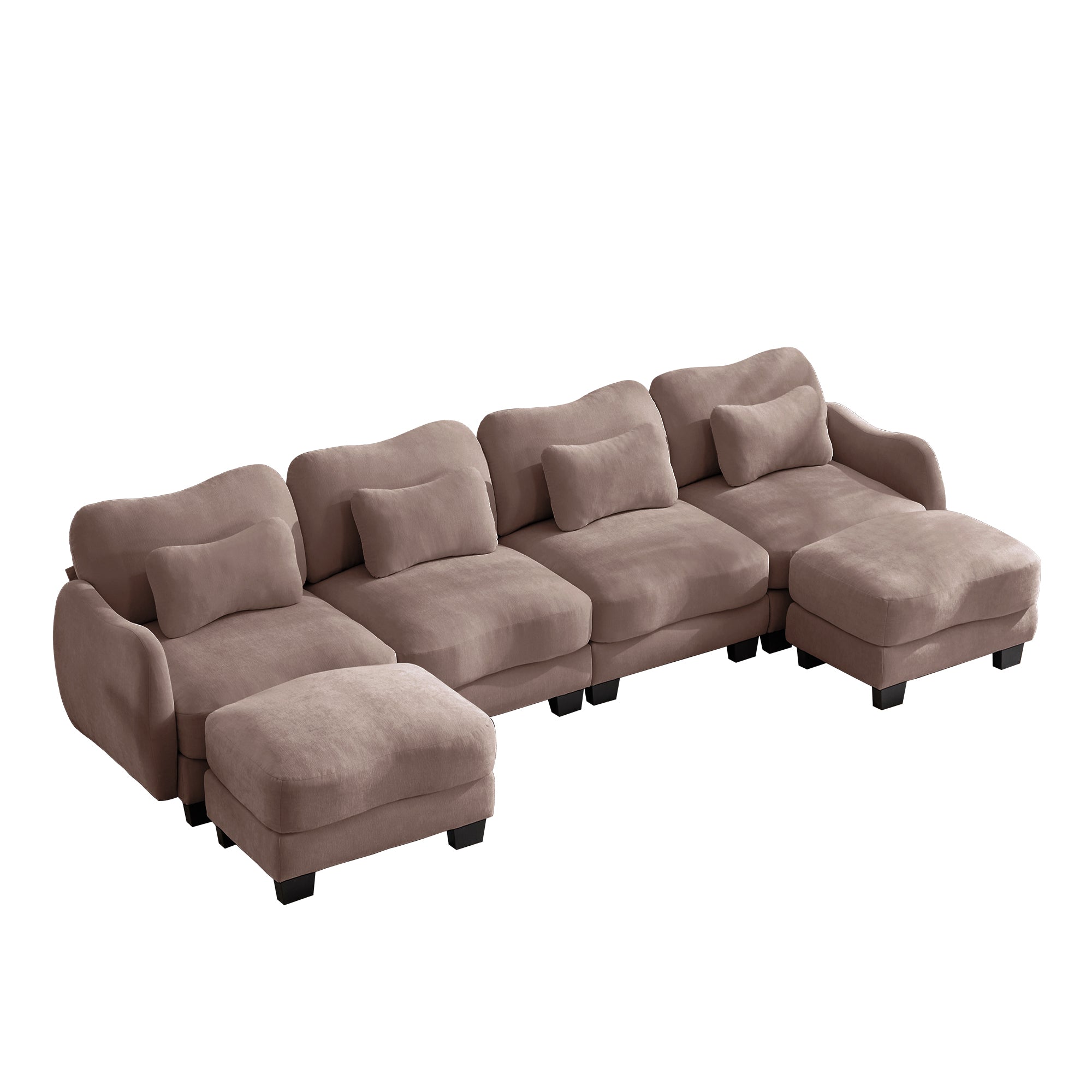 Rosedale brown gray sectional sofa showing a left-facing U-shaped modular arrangement with two ottomans on white background