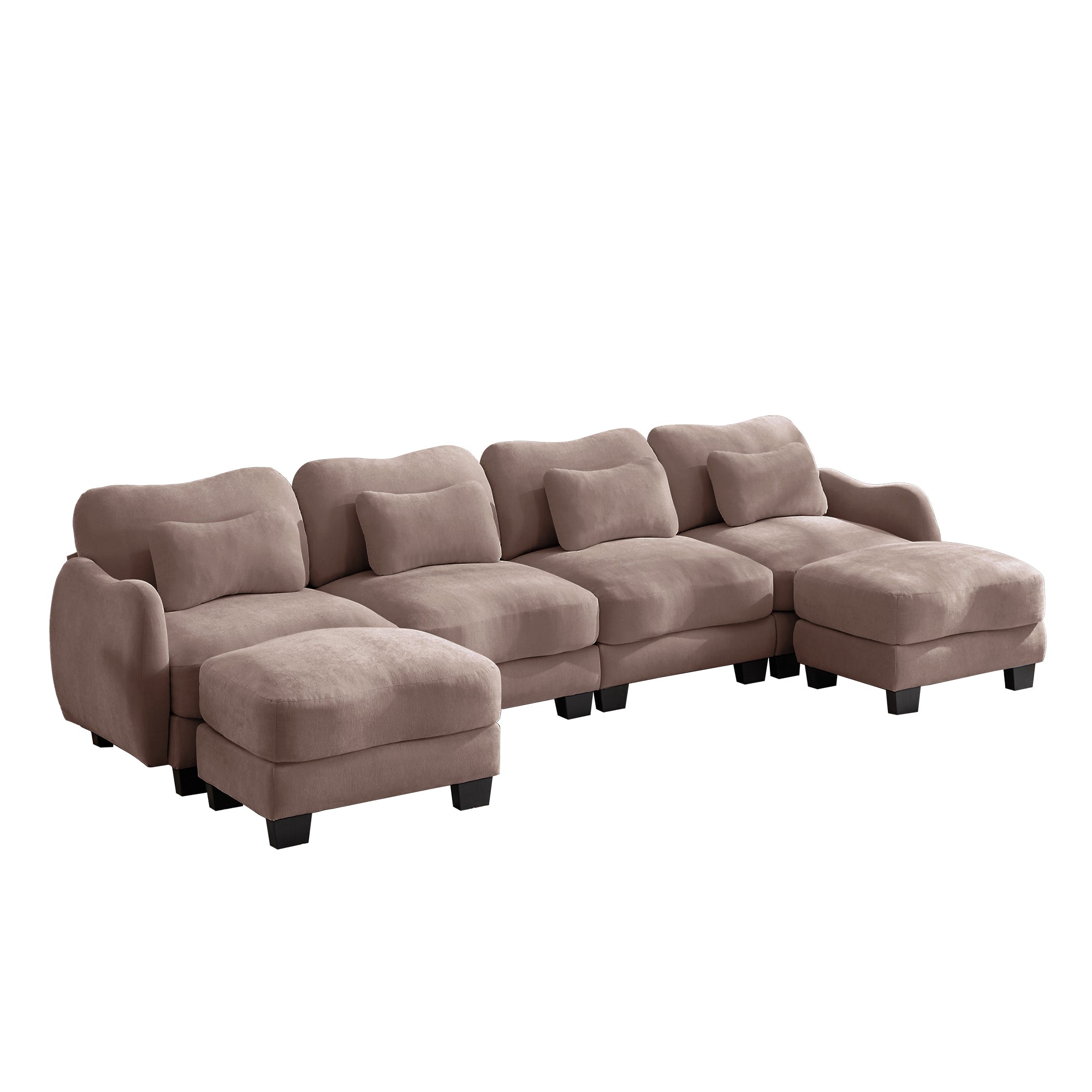 Rosedale brown gray sectional sofa showing a right-facing U-shaped modular arrangement with two ottomans on white background