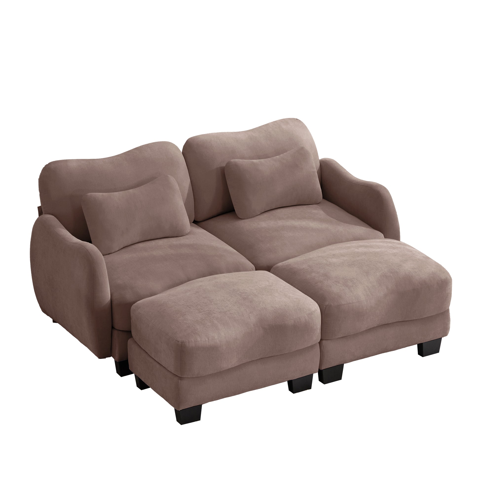 Rosedale brown gray sectional sofa showing a front view of the four-piece modular sofa with two ottomans on white background