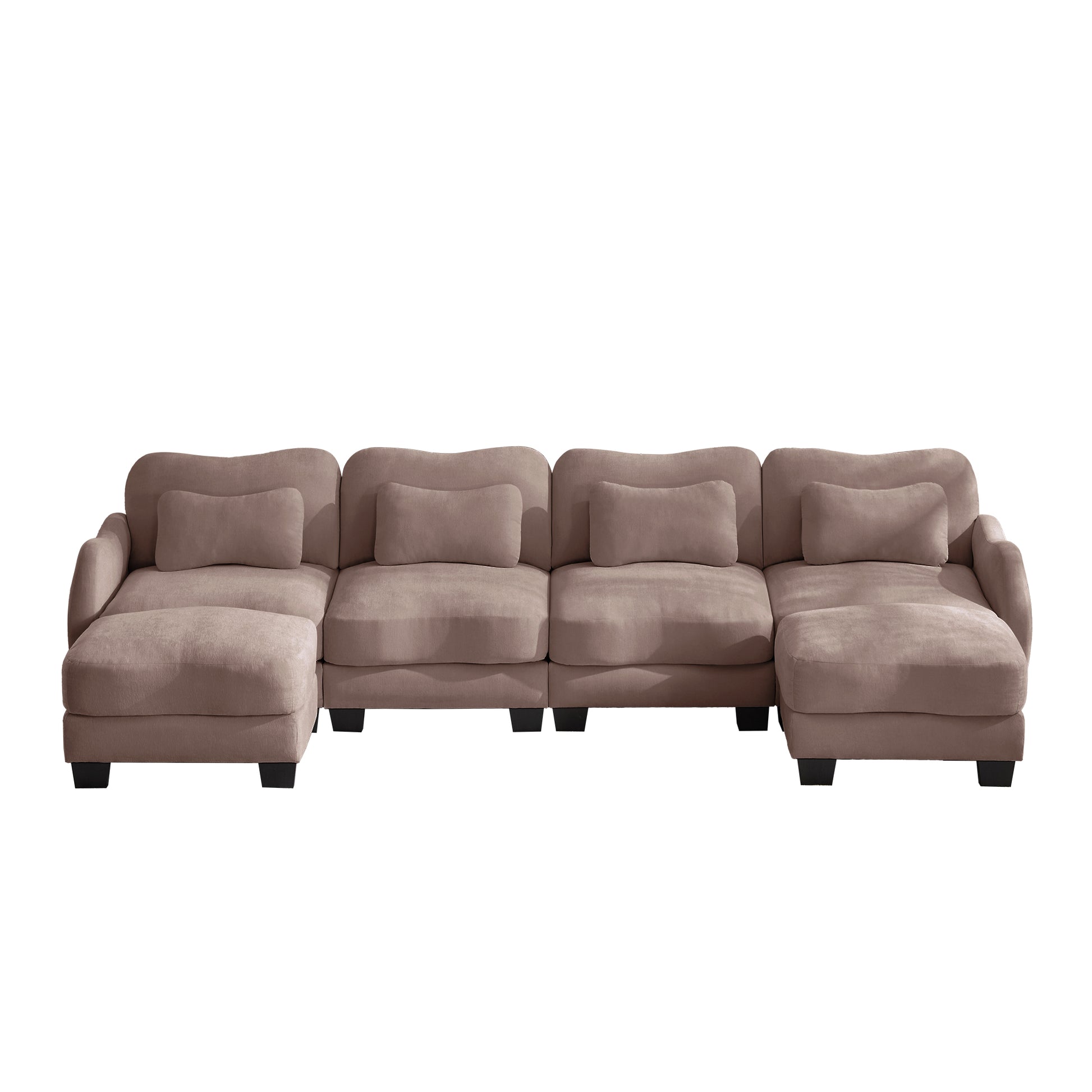 Rosedale brown gray sectional sofa showing a front view of the U-shaped modular layout with two ottomans on white background