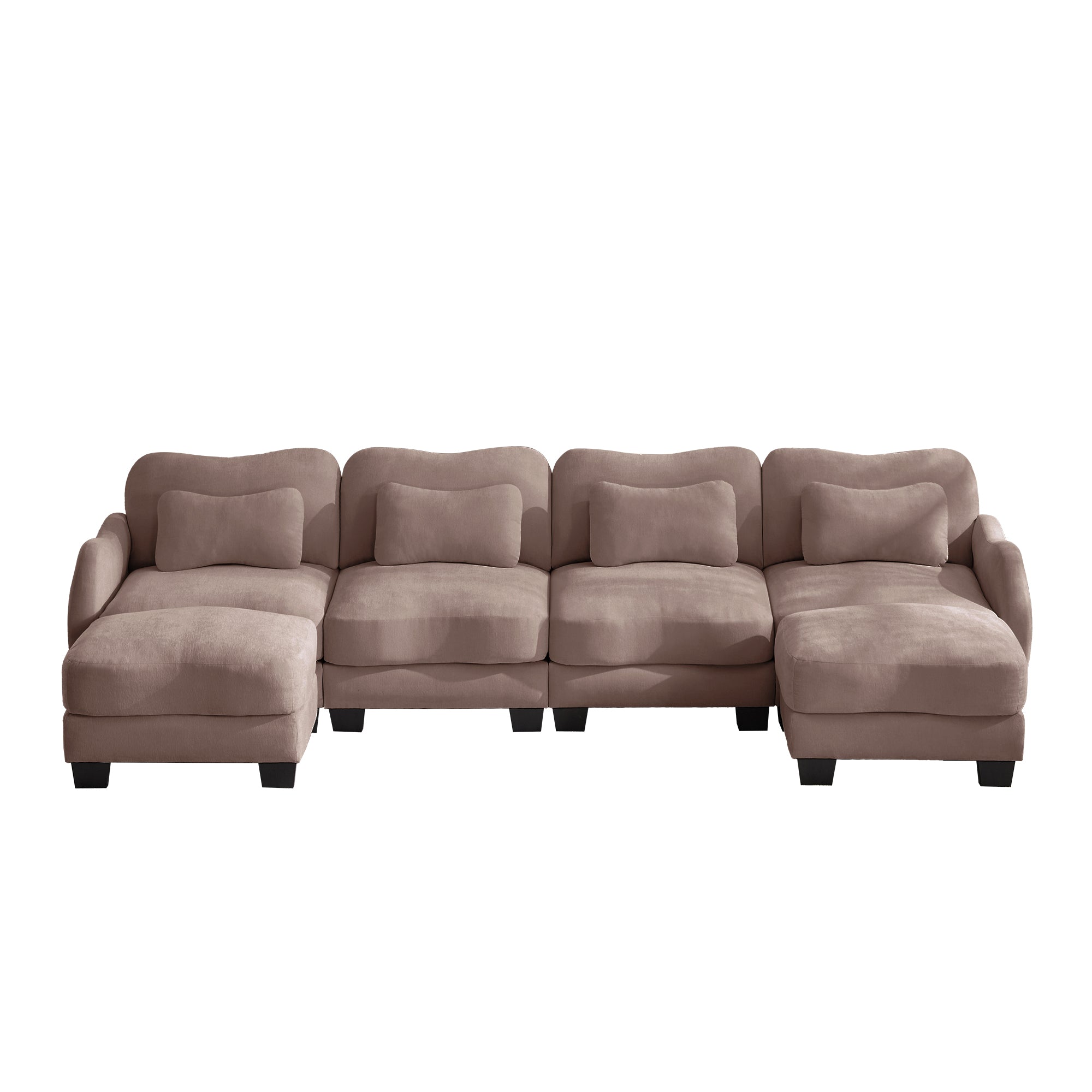 Rosedale brown gray sectional sofa showing a front view of the U-shaped modular layout with two ottomans on white background
