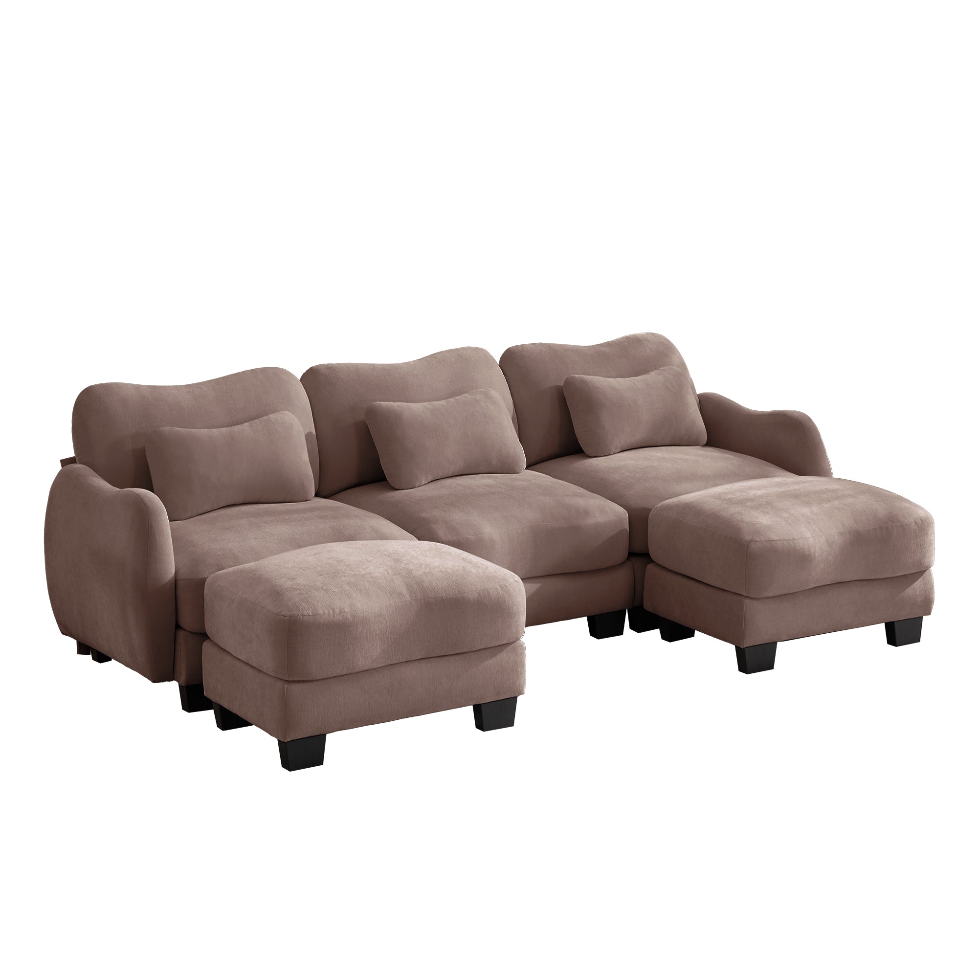 Rosedale brown gray sectional sofa showing the front view with two ottomans on white background
