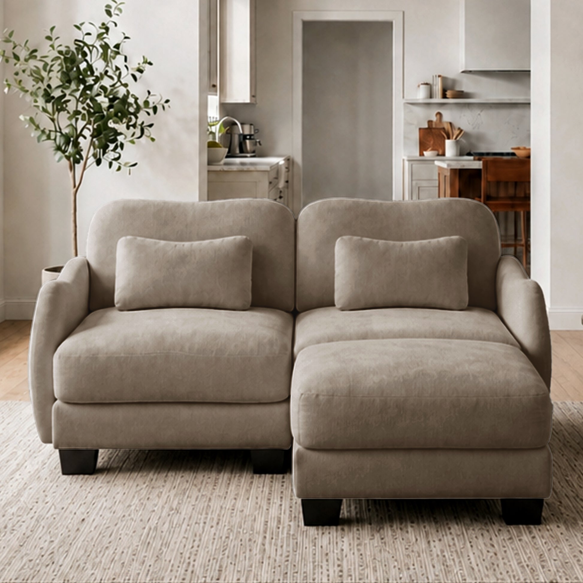 Rosedale brown sectional sofa showing an L-shaped modular layout with ottoman in a bright living room