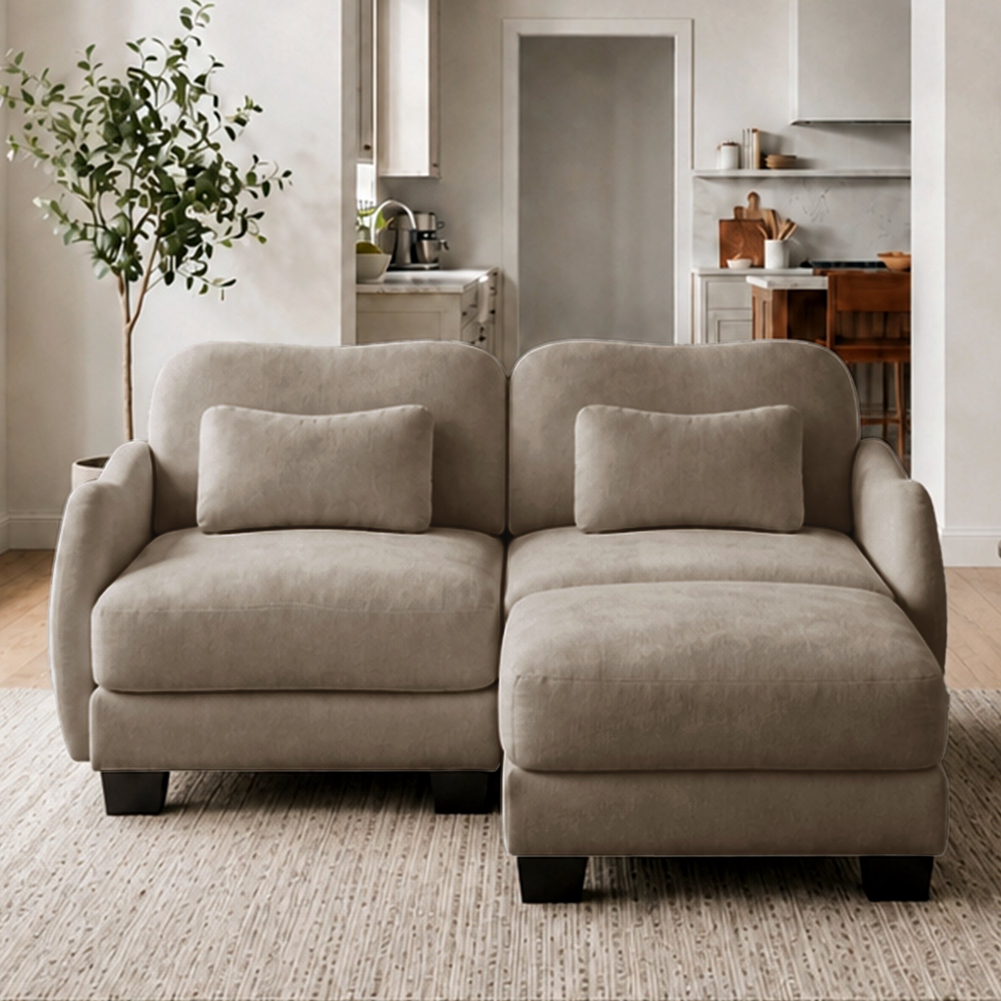 Rosedale brown sectional sofa showing an L-shaped modular layout with ottoman in a bright living room