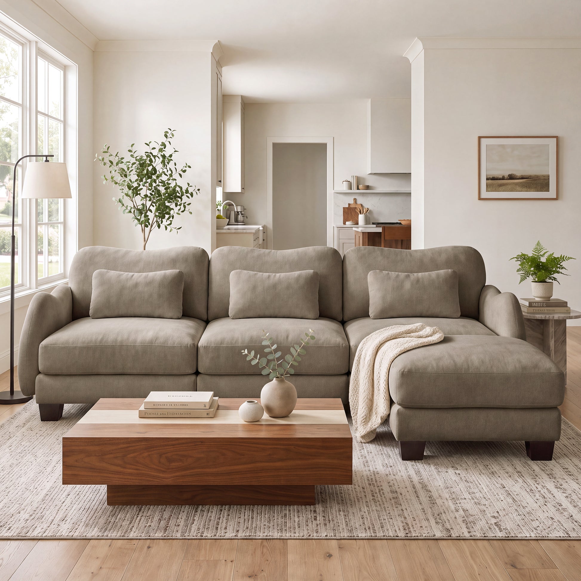 Rosedale brown sectional sofa showing an L-shaped modular layout with ottoman in a bright living room
