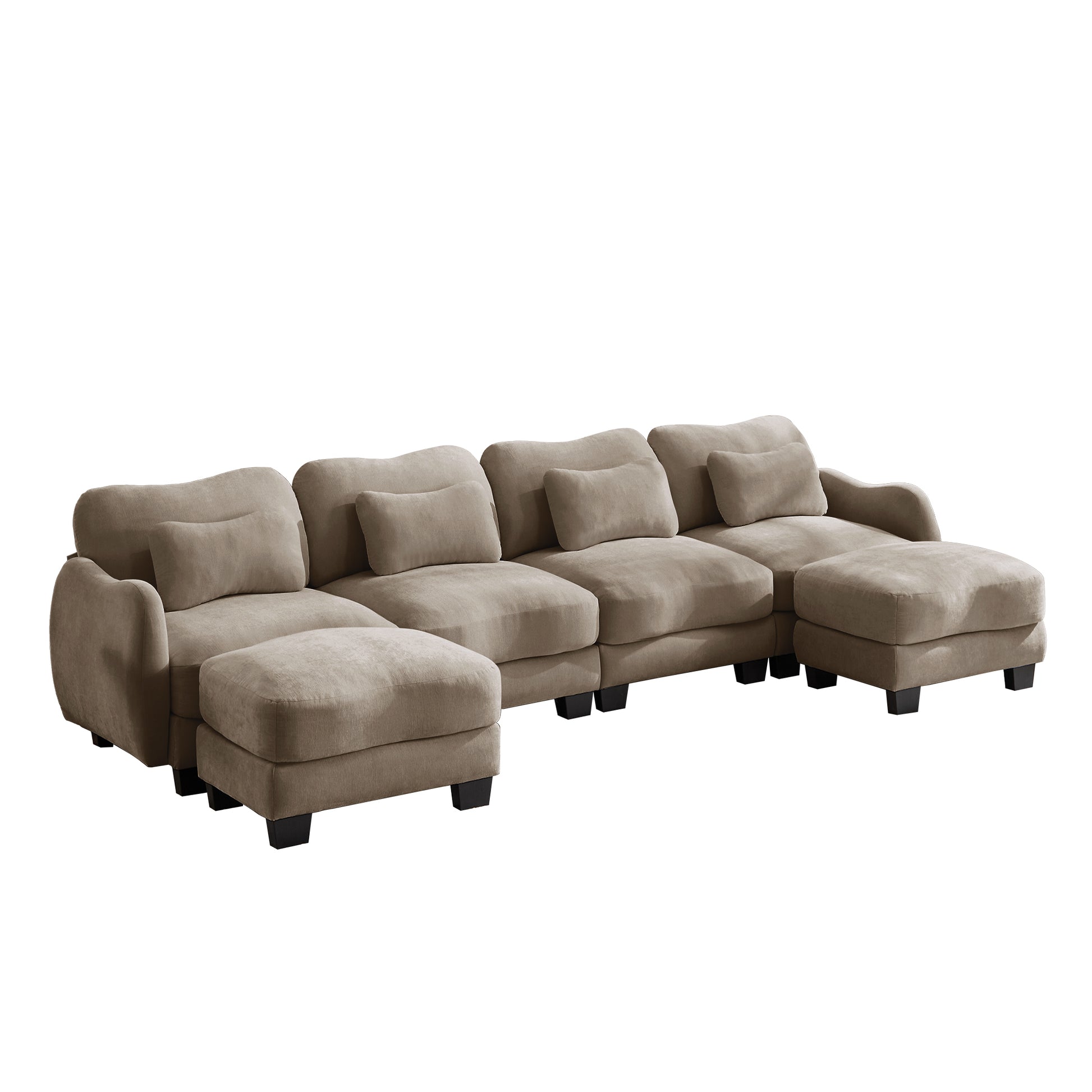 Rosedale brown sectional sofa showing a left-facing U-shaped modular arrangement with two ottomans on white background
