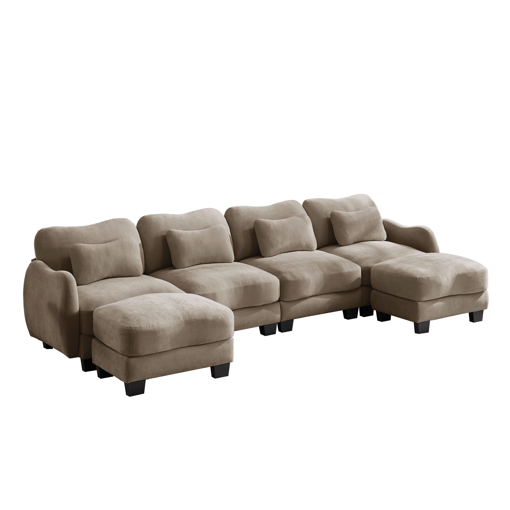 Rosedale brown sectional sofa showing a left-facing U-shaped modular arrangement with two ottomans on white background