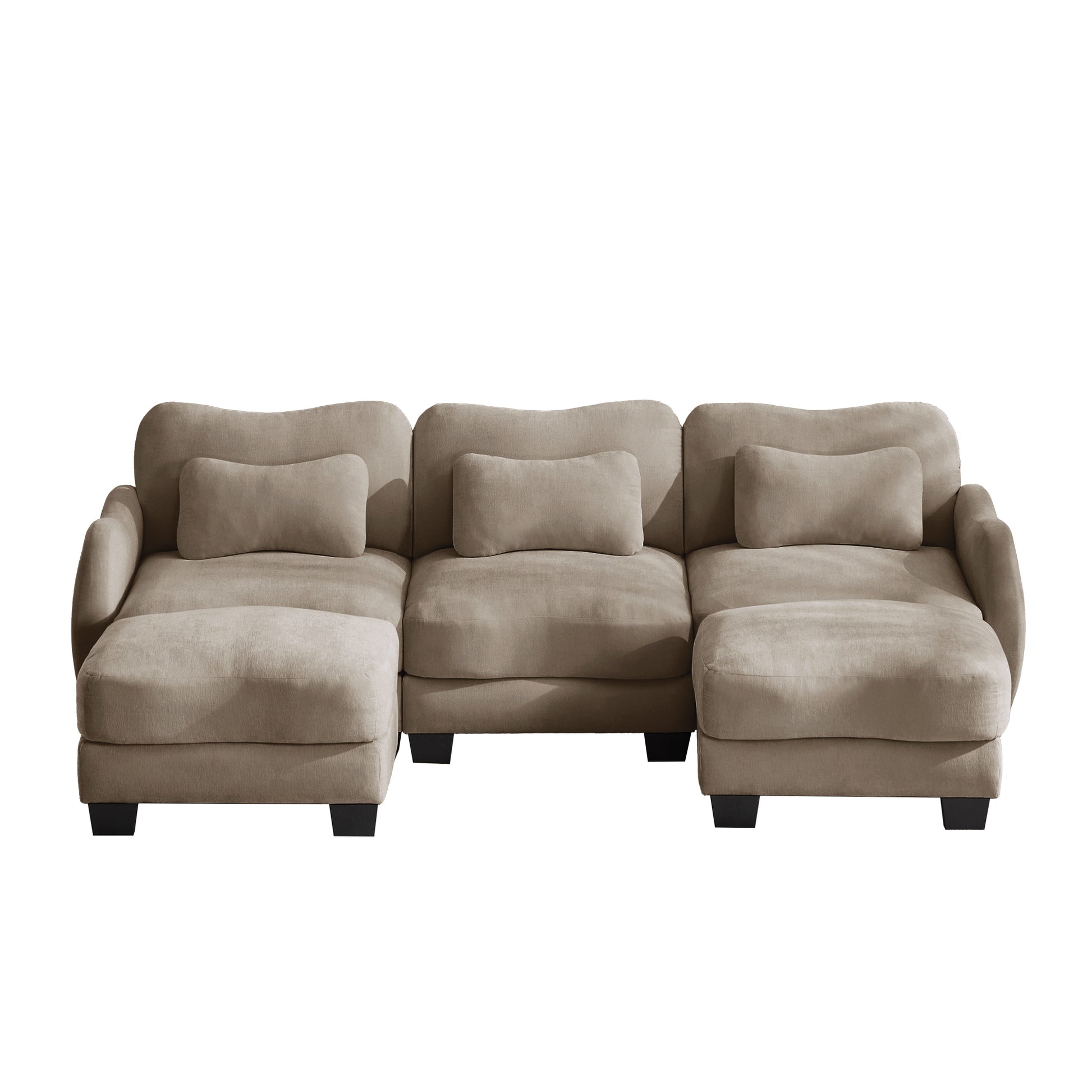 Rosedale brown sectional sofa showing the front view with two ottomans on white background