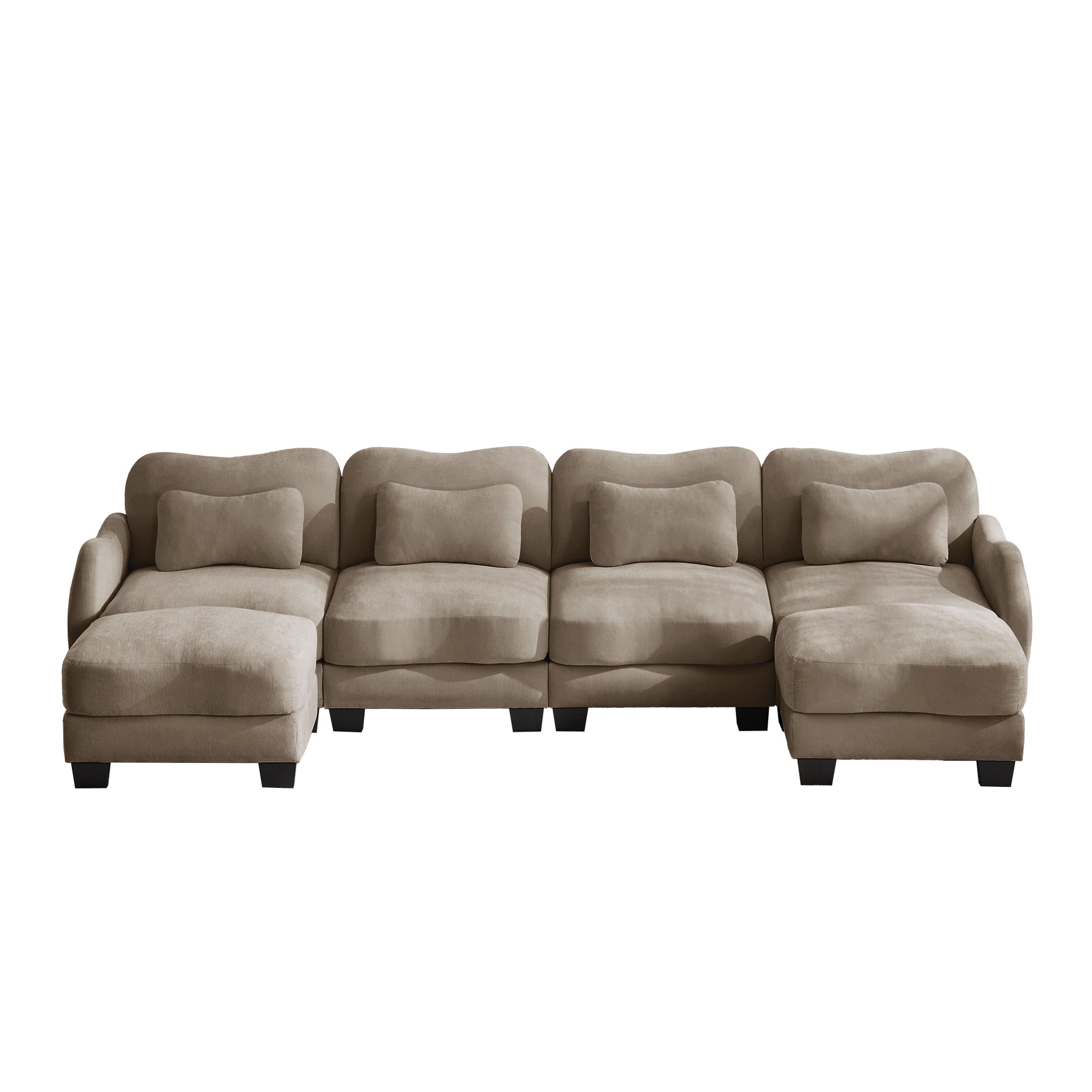 Rosedale brown sectional sofa showing a front view of the U-shaped modular layout with two ottomans on white background
