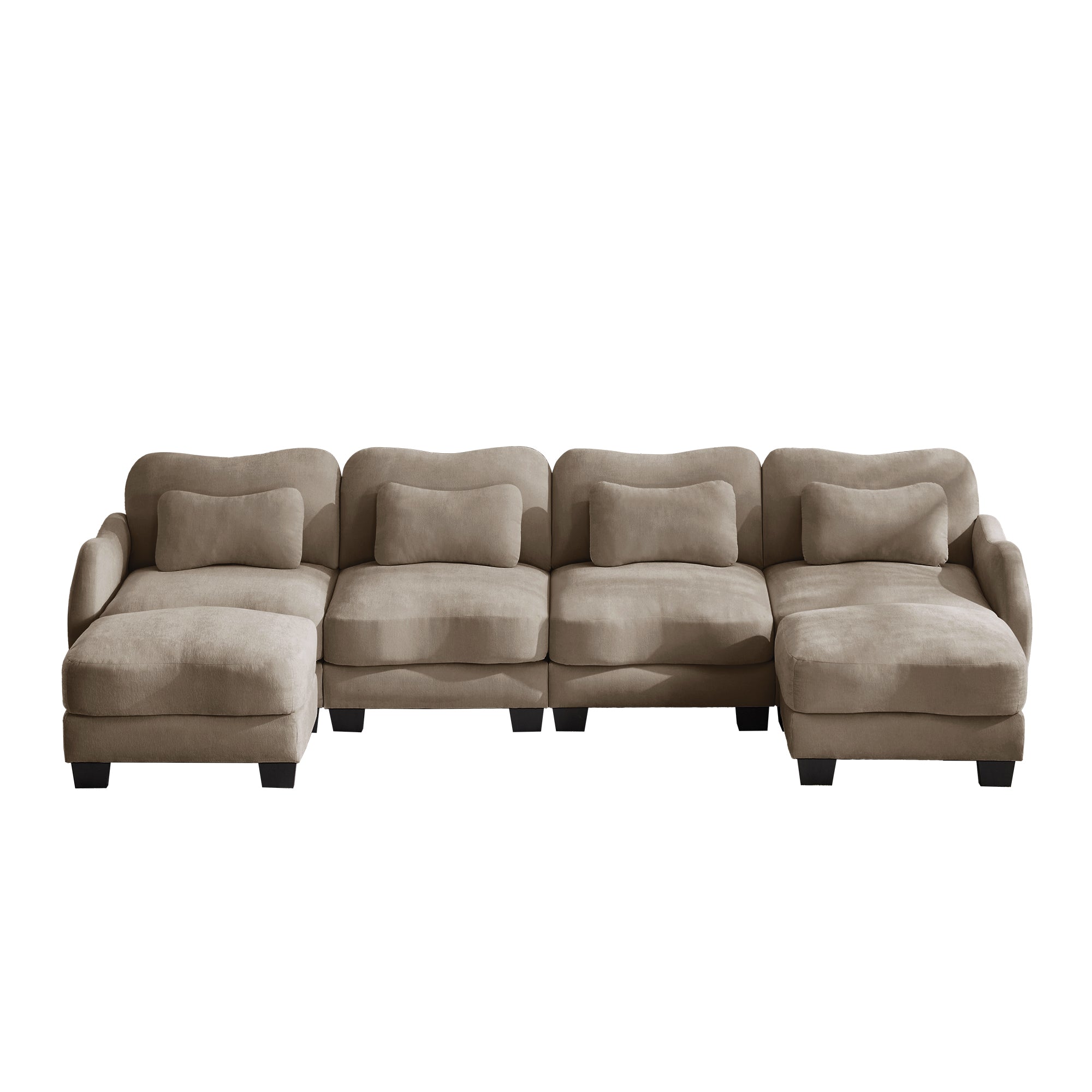 Rosedale brown sectional sofa showing a front view of the U-shaped modular layout with two ottomans on white background