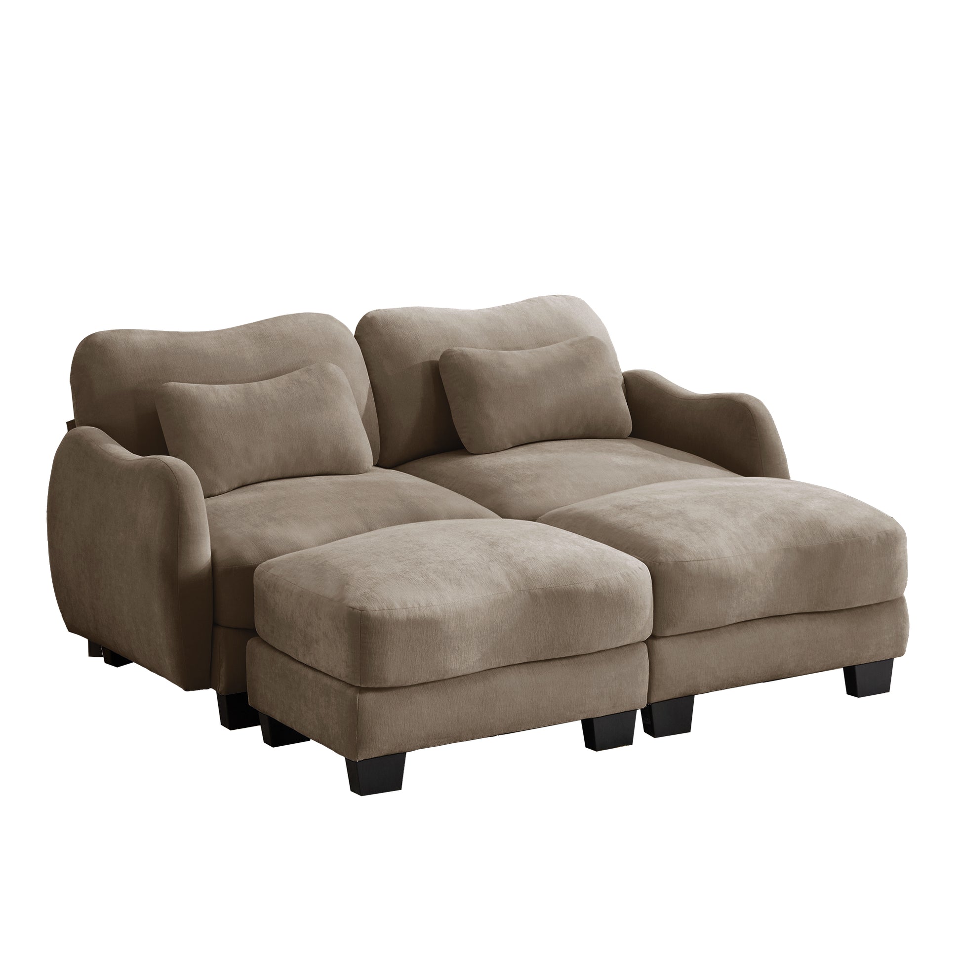 Rosedale brown sectional sofa showing a front view of the four-piece modular sofa with two ottomans on white background