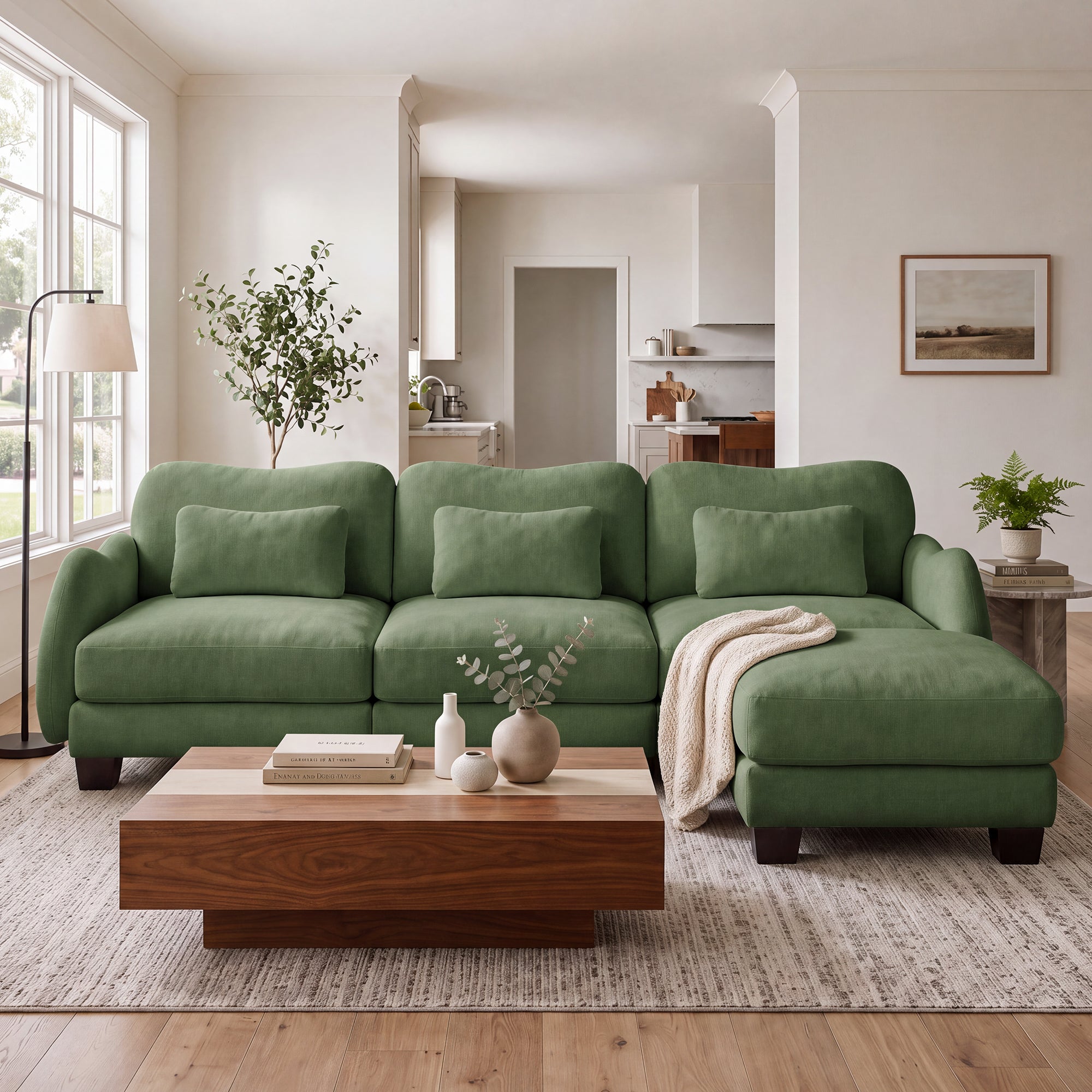 Rosedale green sectional sofa showing an L-shaped modular layout with ottoman in a bright living room
