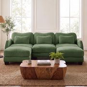 Rosedale green sectional sofa showing a U-shaped modular layout with two ottomans and a wood coffee table