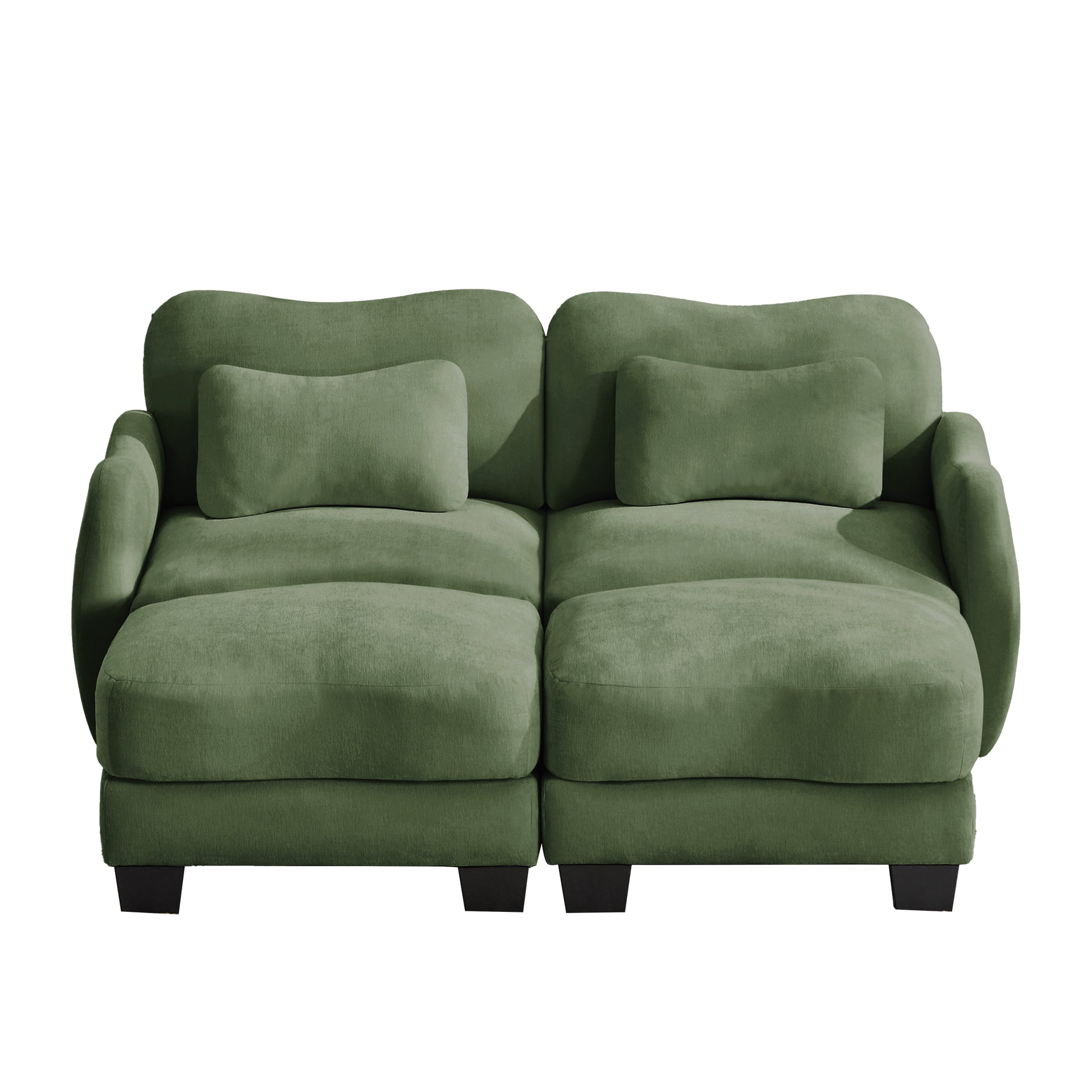 Rosedale green sectional sofa showing a left-facing modular arrangement with two ottomans on white background