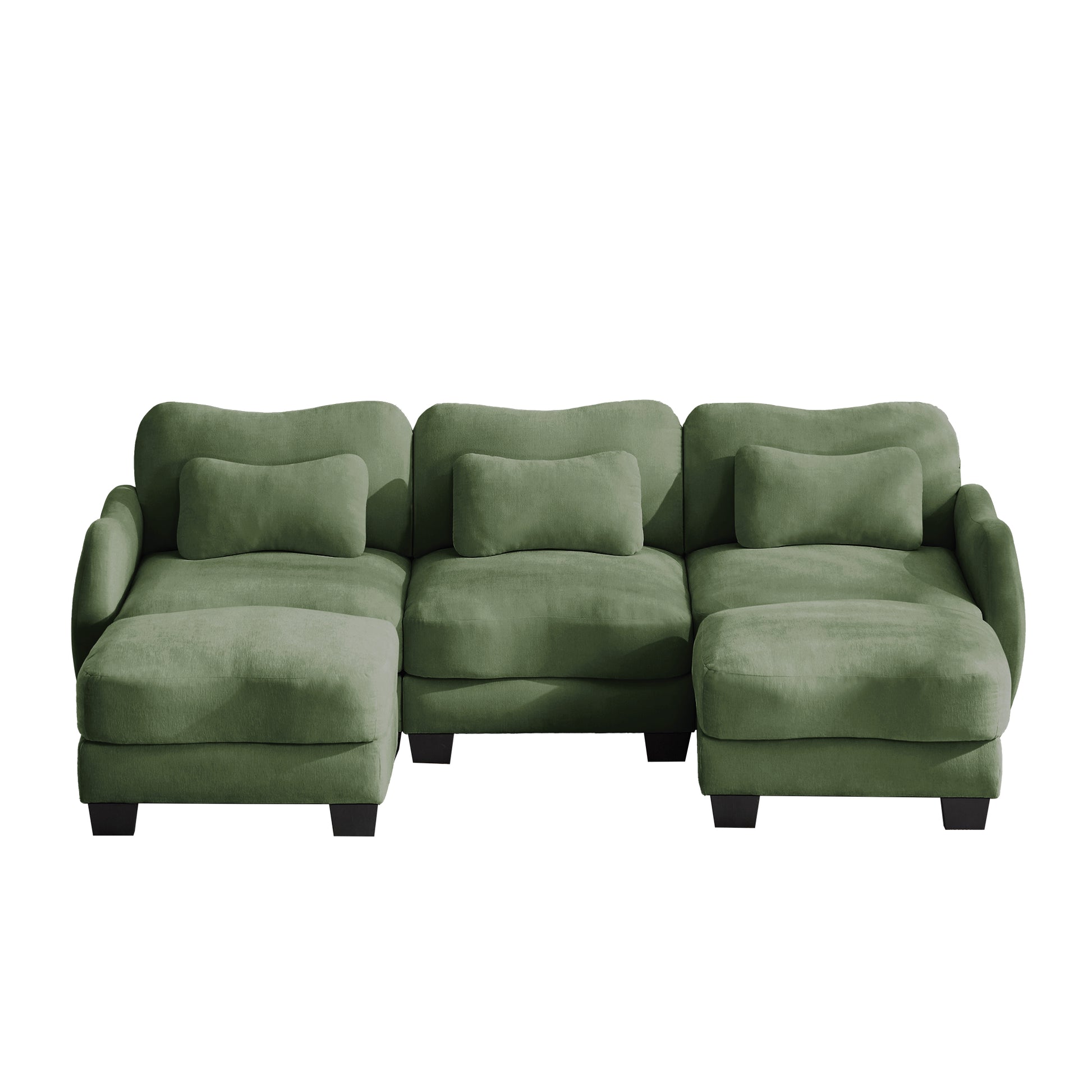 Rosedale green sectional sofa showing the front view with two ottomans on white background