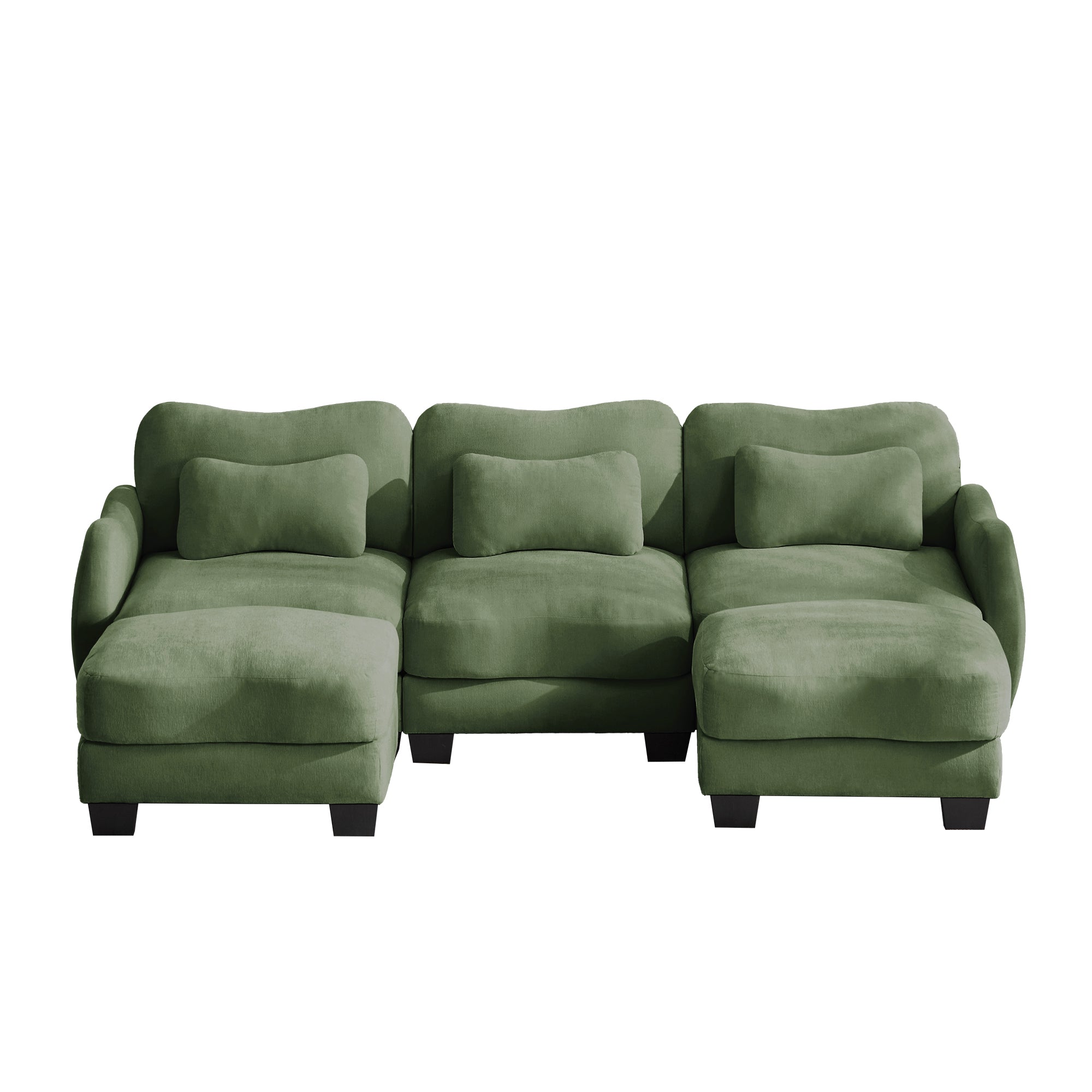 Rosedale green sectional sofa showing the front view with two ottomans on white background